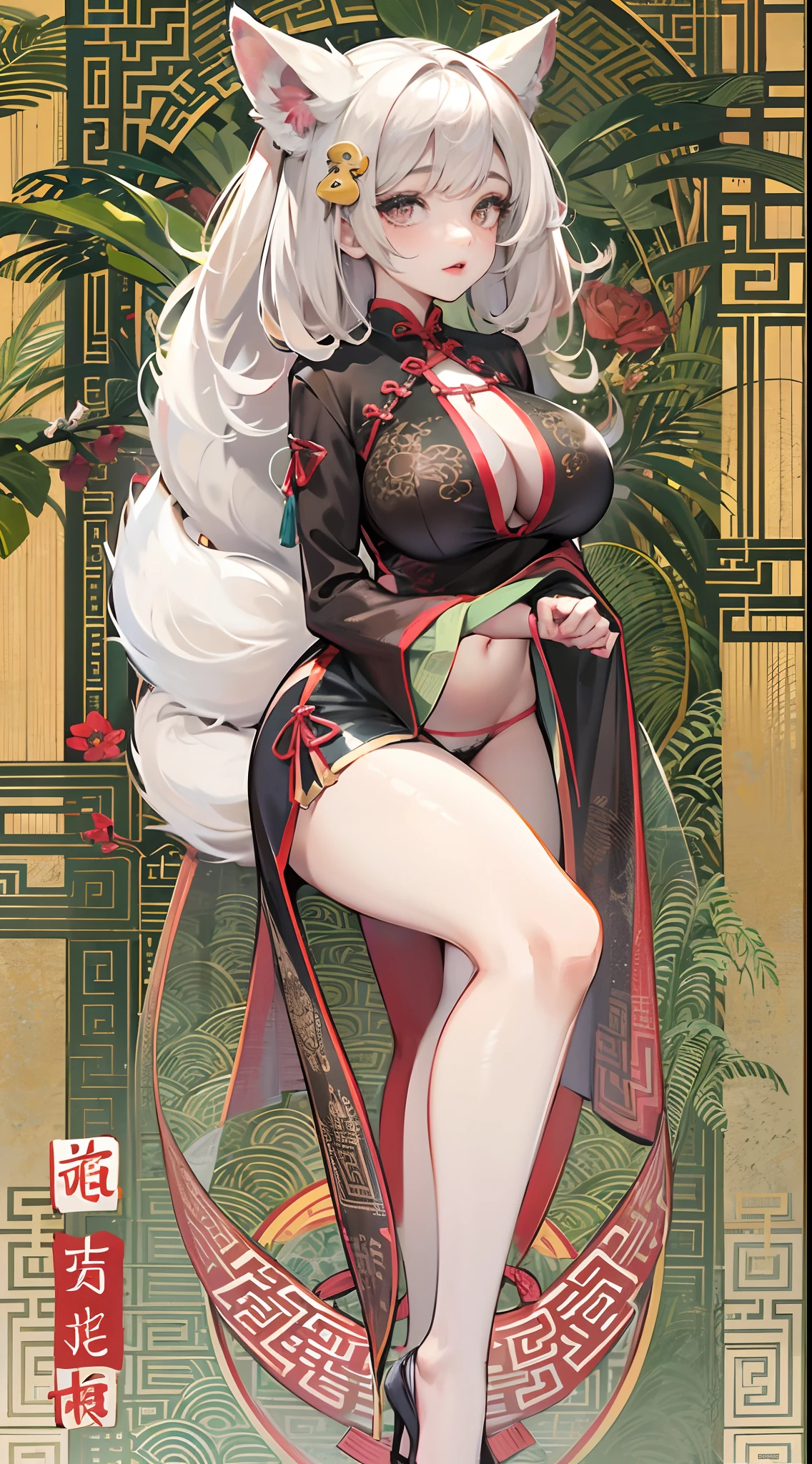a beauty girl,Mature face,a matural female,Fluffy tail hair,Ultra-loose underwear,clothes slipping off,Anterior convex and posterior,Straight chest,Ruddy complexion,Huge fox tail,nabel,(huge tit),adventurer,tit,areola of breast,pantiess,Stockings,Human Services Group,(Chinese tradition),(Pubic bone),(on cheongsam)