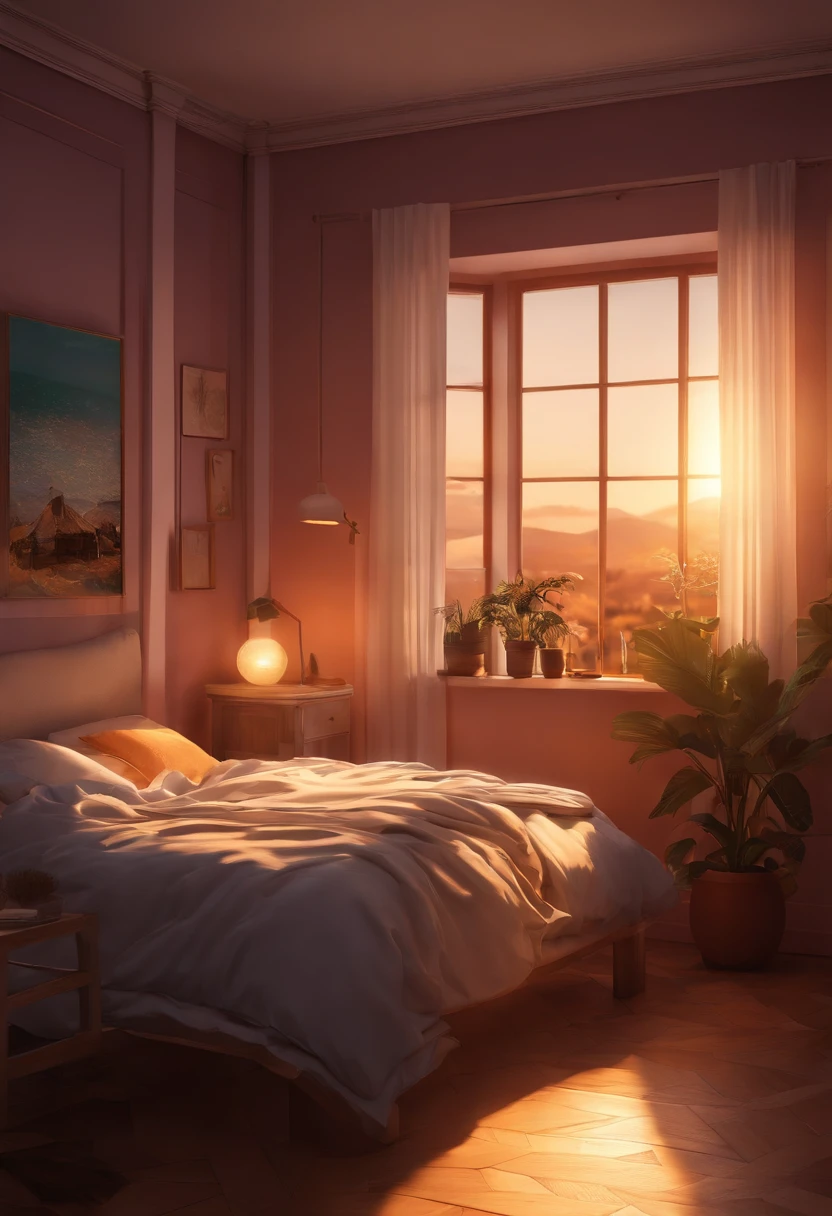 crie um cenario de um dormitorio feminino com cama e toalha, janela, luz do sol, estilo anime, desenho vetorial, desenho animado
