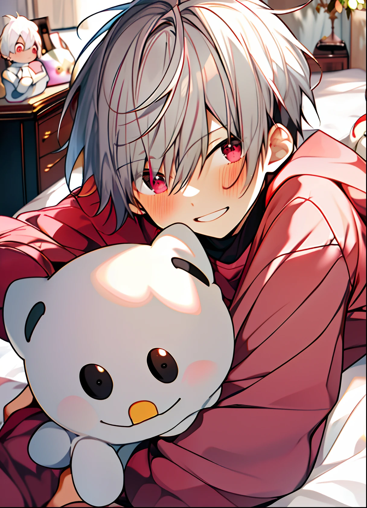 ((masterpiece)),(((best quality))), (high-quality, breathtaking),(expressive eyes, perfect face), 1boy, solo, male, short, young, small boy, short white hair, red eyes, smiling, blushing, long sleeve sweater, short shorts, indoors, lying on bed, stuff animal, cute, pink, sweet, close up