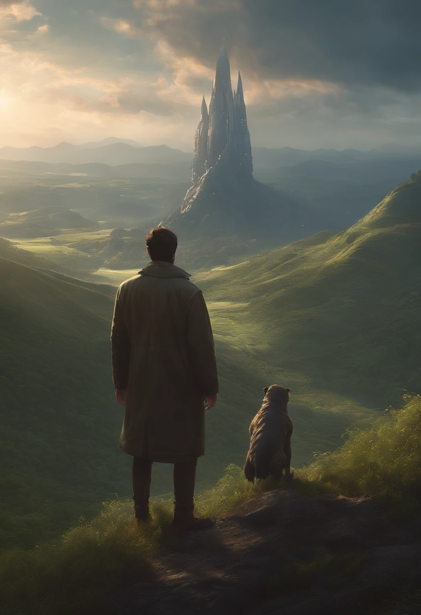 a highly detailed matte painting of a man on a hill watching a giant alien monster, by makoto shinkai, by artgerm, by wlop, by greg rutkowski, volumetric lighting, octane render, 4k resolution, trending on artstation, masterpiece