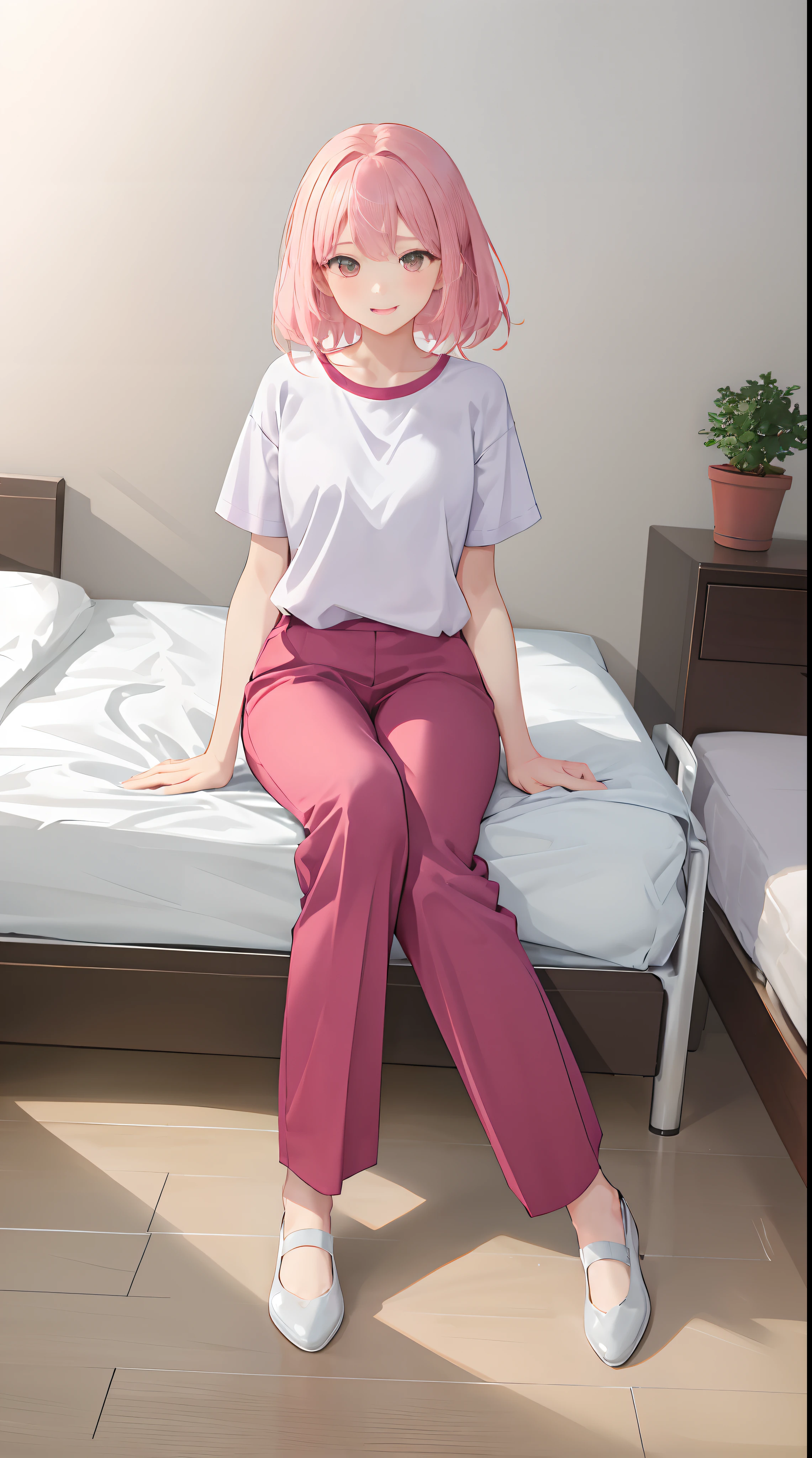 1girll, 独奏, Wear red short sleeves,Wear pink slacks,sit on a bed,The chest is large,Perfect hands