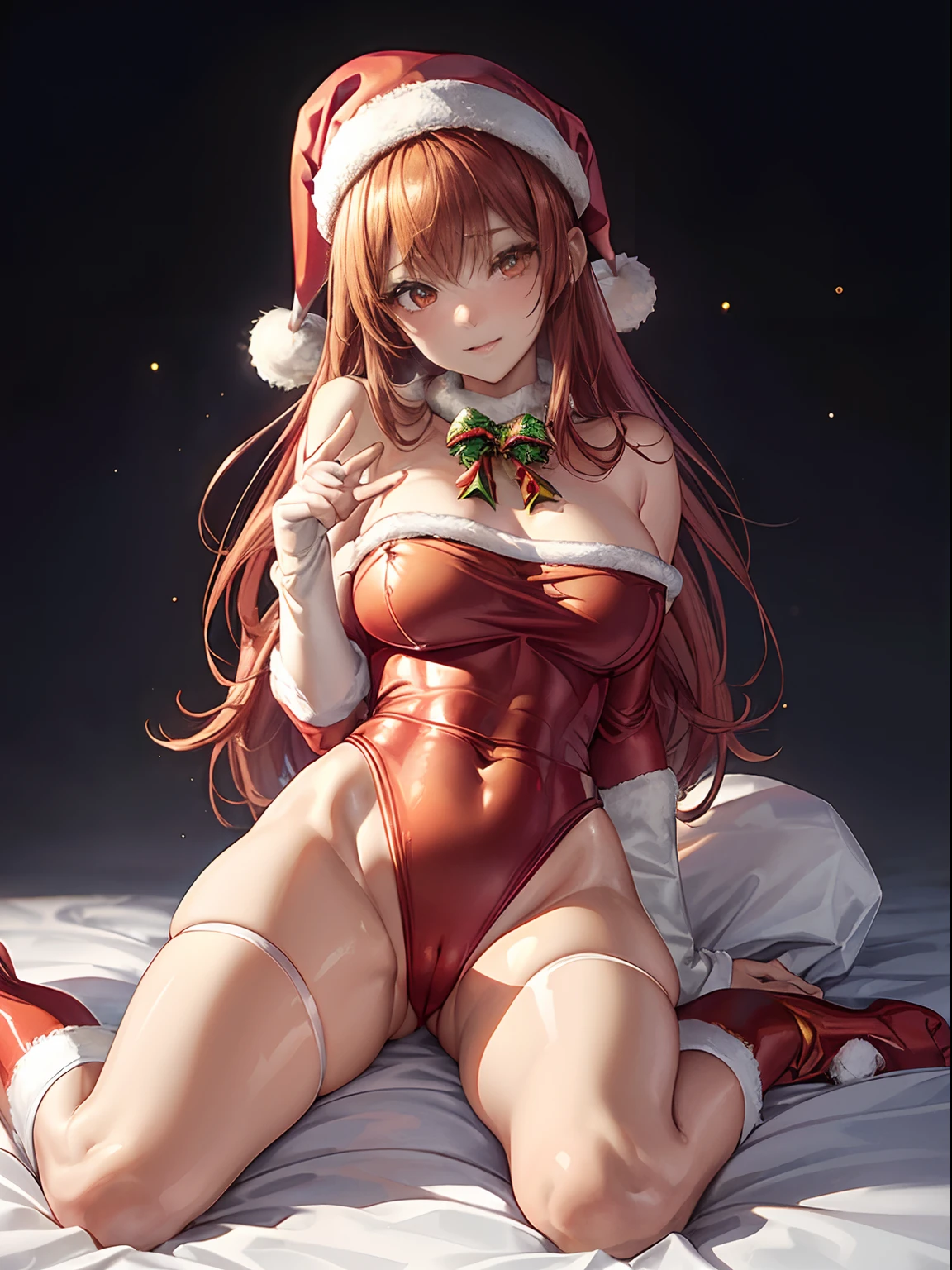 top-quality、Full limbs、complete fingers、Slender beauty、straight haired、Red hair、Beautiful Large Breasts、(Detailed ultra-oily shiny skin:1.1)、oily shiny thighhigh、(Perfect bright red Santa Claus leotard:1.3)、((White High Socks))、Wearing a Santa Claus hat、((Wearing a Santa Manto))、Beautiful、Open legs
