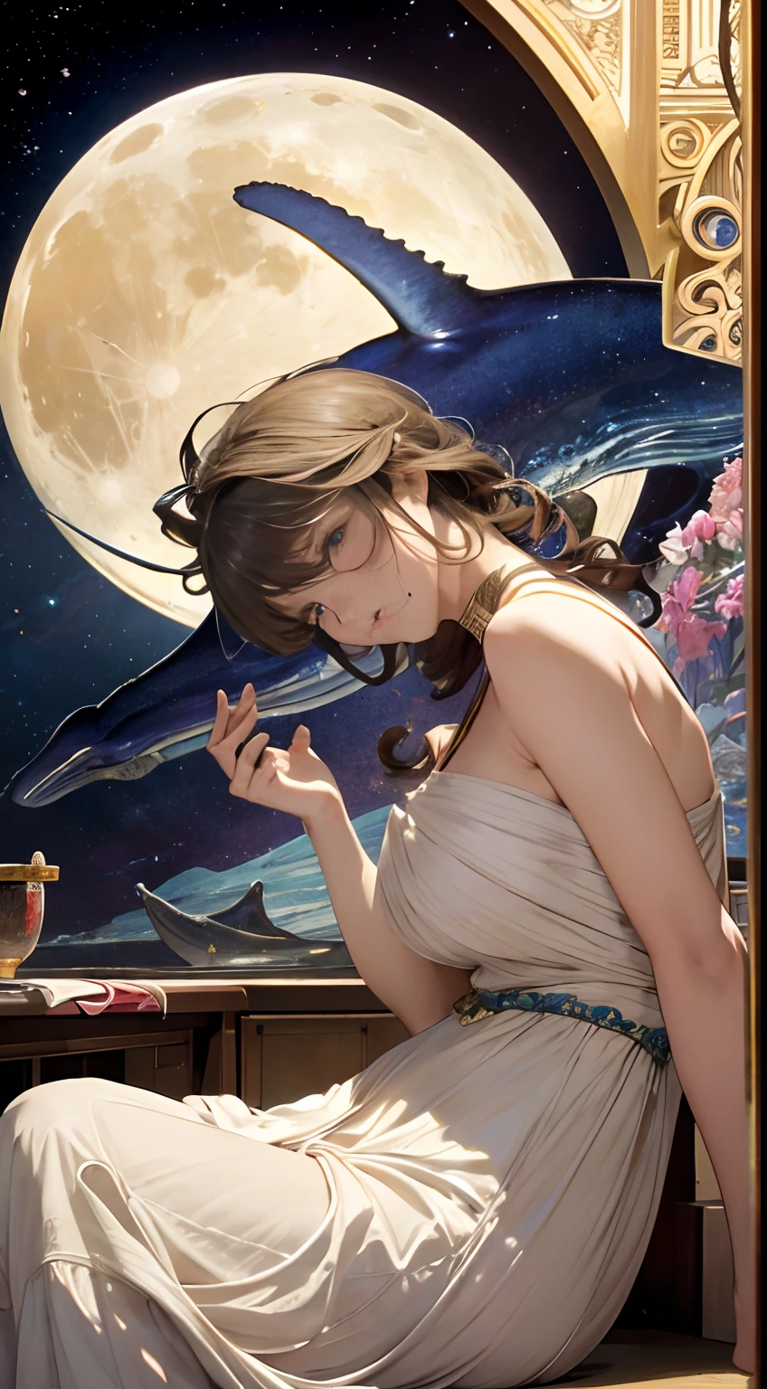 Walter Crane, Warwick Goble, Katsuhiro Otomo, Alphonse mucha, Leonora Carrington style, moon sleeping in basement, a girl wondering looking for her fate, whale beach, orb, detailed, high quality, high resolution, high definition, masterpiece, vibrant colors, girl, masterpiece, sharp focus, best quality, depth of field, cinematic lighting,