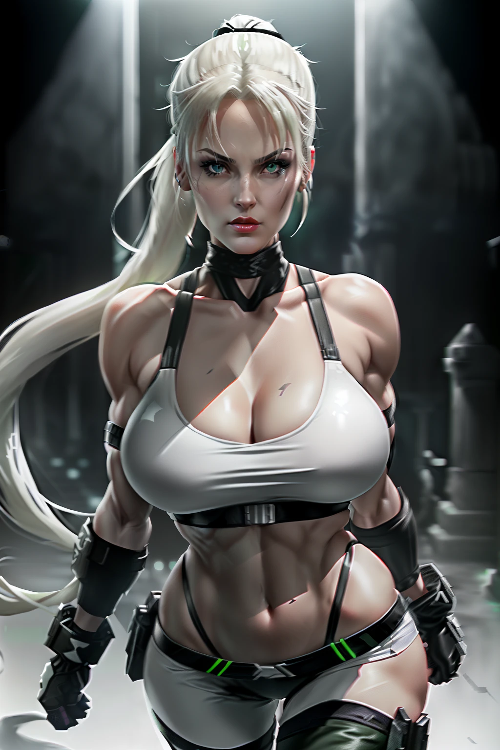 ((Sonya blade from mortal kombat series))(she has big glowing white eyes)(red lips) (very long straight blonde high pony tail hair)((very huge breasts)) (perfect slim body) (she wears white mini ttank top, anblack gloves, green camouflage liw cut pants) (inside dark temple) (high definition, volumetric lights and dinamic shadows)((masterpiece))(8k)(perfect face)(ultra details) (perfect hands, eyes, and face)