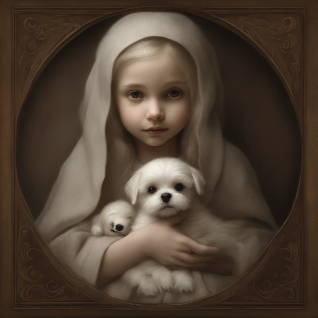 Painting of a doll holding a little Maltese puppy, brian froud, juan gimenez, anton semenov, style of emil melmoth, jean baptiste monge, brian froud style, Alex V. Dolgikh,Mark RYDEN style ARTGERM