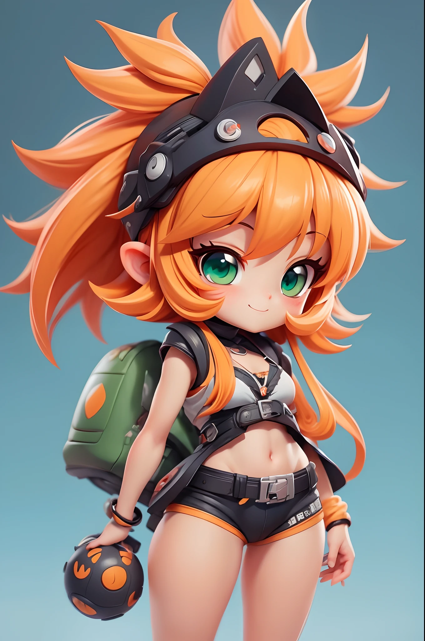 estilo de brinquedo da caixa cega, Anime girl with orange hair and silver bikini armor, olhos verdes, Chibi, fofo, kawaii, menina anime sedutora, Beautiful, corpo inteiro, short hair, sorriso maligno, Colar pendente, ornamento de cabelo, estilo anime ecchi, anime moe artstyle, (master part), (best quality:1.4),