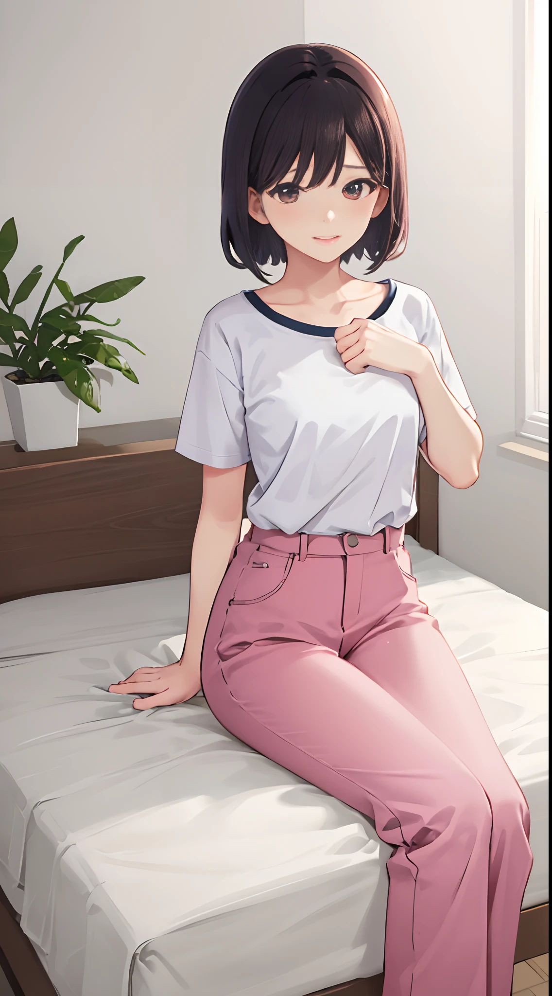 1girll, 独奏, Wear red short sleeves，Wear pink slacks，sit on a bed，The chest is large，Perfect hands