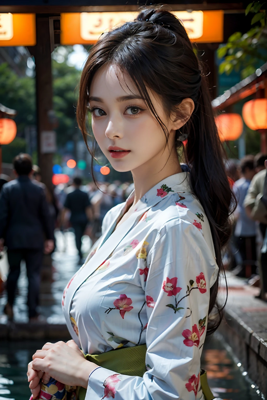 (1 Ultimate Beautiful Mature Woman)、hyperdetailed face、Detailed lips、A detailed eye、二重まぶた、Medium brunette hair, (Wear a short yukata with a delicate pattern)、Dancing with hands raised、((Opens mouth and laughs))、(Glamorous body)、(large full breasts)、(cowboy  shot)、perfect hand, Perfect fingers, perfect chest, Perfect fit, perfect bodies, face perfect, depth of fields、Perfect image realism, Background with:((Many people dance on the streets of the city))、Meticulous background with, detailed costume, Perfect litthing、Hyper-Realism、Photorealsitic、8K maximum resolution, (​masterpiece), ighly detailed, Professional