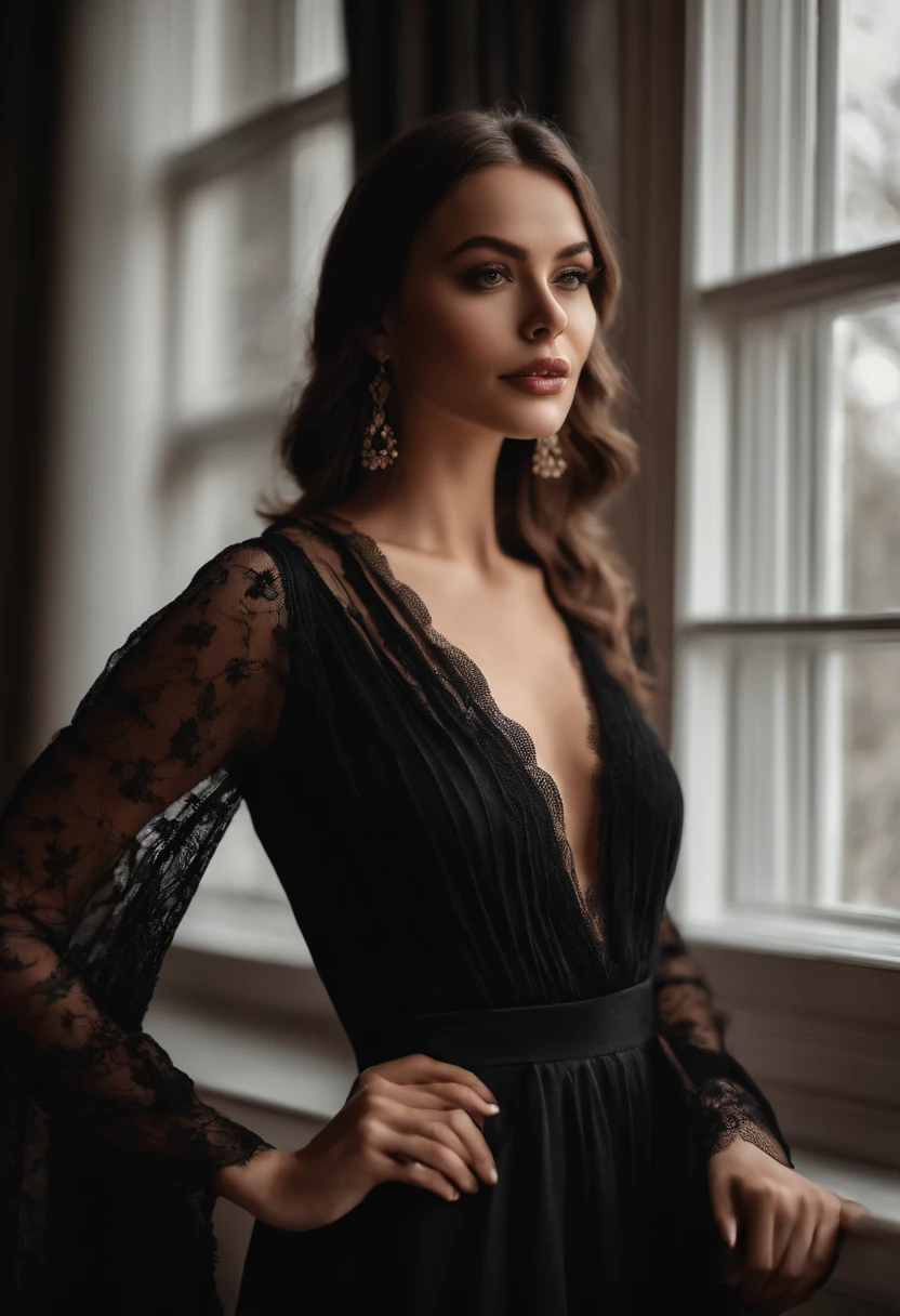 Masterpiece, Best quality, (Photorealistic:1.4), full bodyesbian, (dress:1.1)(evening formal robes:1.1)(Wisps 1.1)(Embroidered seedling edge Q1.1) view over city, Cinematic light, Beautiful woman,Busty woman,32years old, ((From any direction)), sport, Large breasts, Black hair,Chinese face, rim, Detailed dress,detailed style