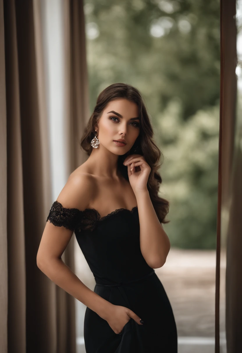 Nahaufnahme einer Frau in einem schwarzen Kleid, posing for a photo, portrait sophie mudd, gorgeous lady, Charmanter sexy Look, gorgeous woman, Sultry look, beautiful model, Fan-Favorit, mittig gescheitelte Curtain Bangs, fanart, Lacey, Chloe Bennet, gorgeous beautiful, gorgeous young model