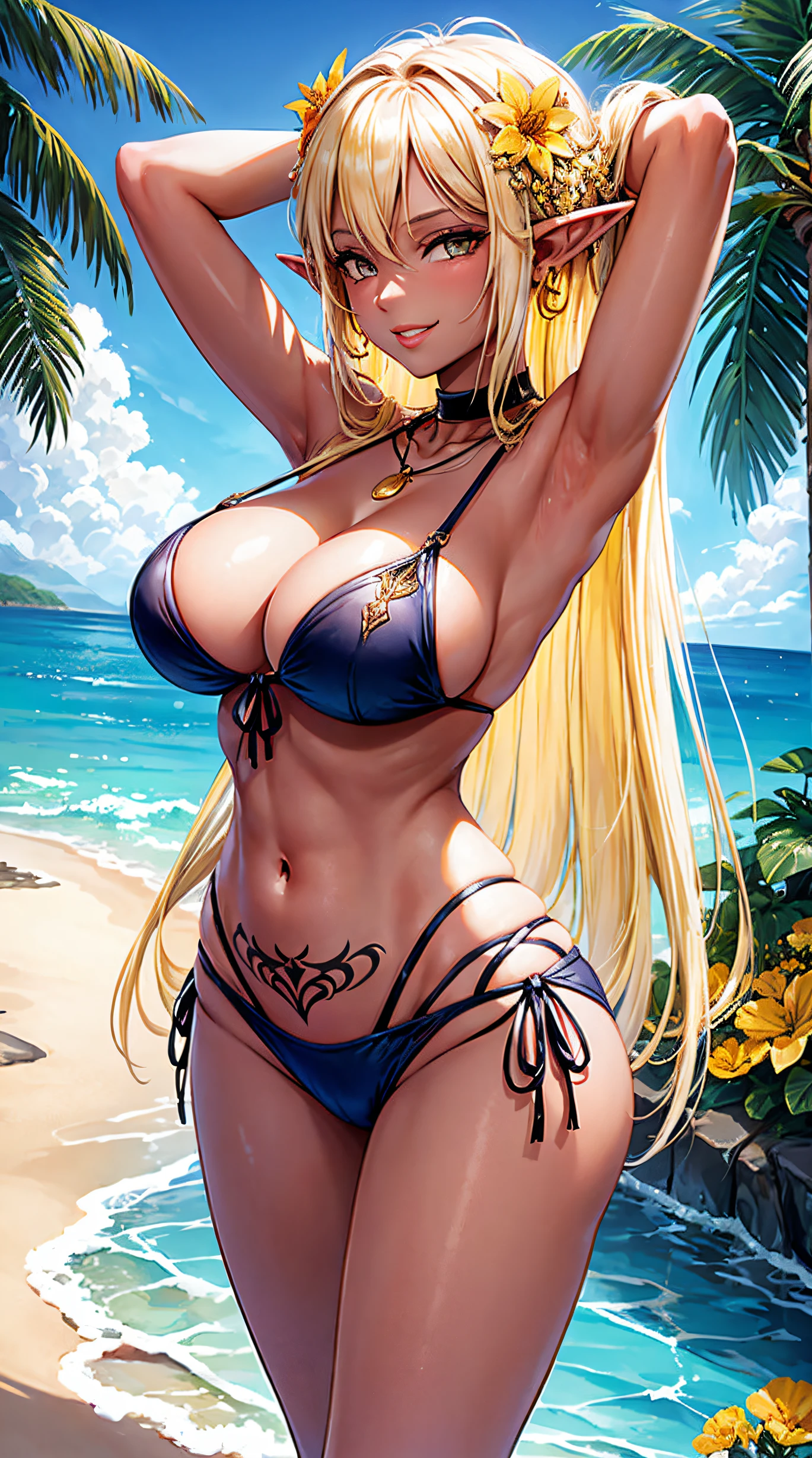 1girl, big breasts, solo, dark-skinned female, jewelry, long hair, elf, pointy ears, navel, outdoors, armpits, tree, smile, flower, tattoo, swimsuit, bikini, looking at viewer, day, dark elf, armlet, necklace, hair ornament, arms up, palm tree, hair between eyes, orange eyes, earrings, yellow hair, sky, hair flower, cowboy shot, very long hair, bangs, parted lips, stomach, blue sky, arms behind head, choker, cleavage, cloud, yellow bikini, sidelocks, ocean, yellow flower, orange bikini, flower necklace, bikini bottom only, mismatched bikini, water, collarbone, topless