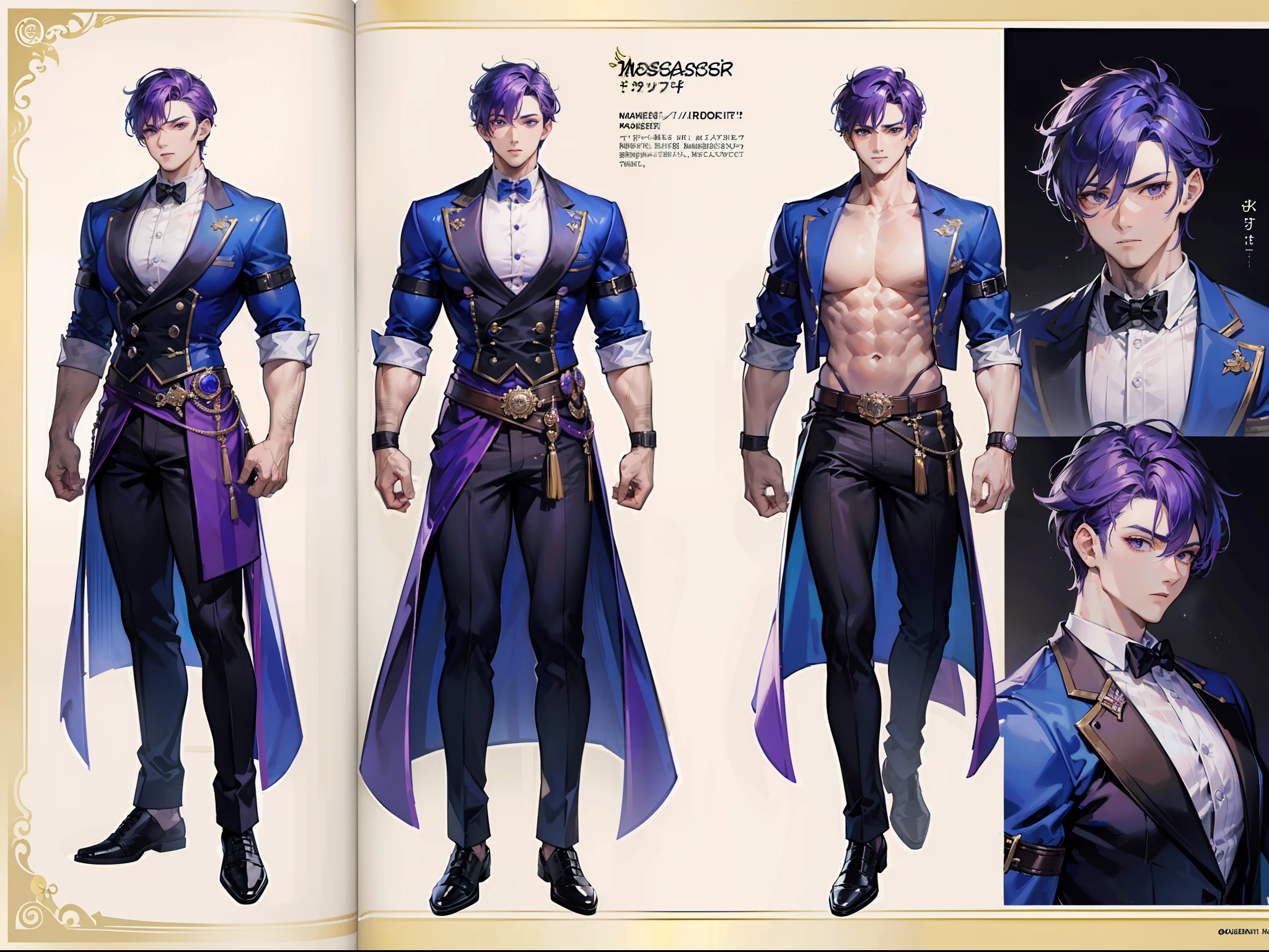 ((Masterpiece, Highest quality)), Detailed face, character design sheet, full bodyesbian, Full of details, Multiple expressions, Highly detailed, Depth, Many parts, Muscle boy with purple hair,handsome man, muscle body, outfit male gods, man tall