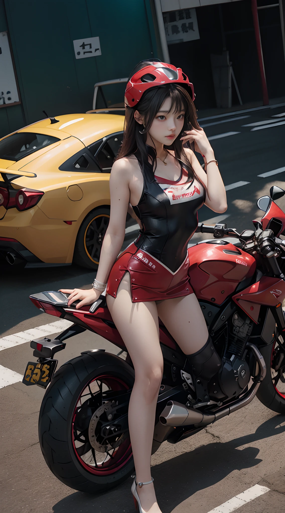 The highest image quality、Exceptional detail、超A high resolution、(真实感:1.4)、The best illustrations、Favor the details、Highly condensed 1girl、delicate and beautiful face、Dressed in black and green mechs、White underwear is visible from the miniskirt、Has a direction controller、Riding a red motorcycle、The background is the high-tech lighting scene of Tokyo。jumpy、Red Helmet、