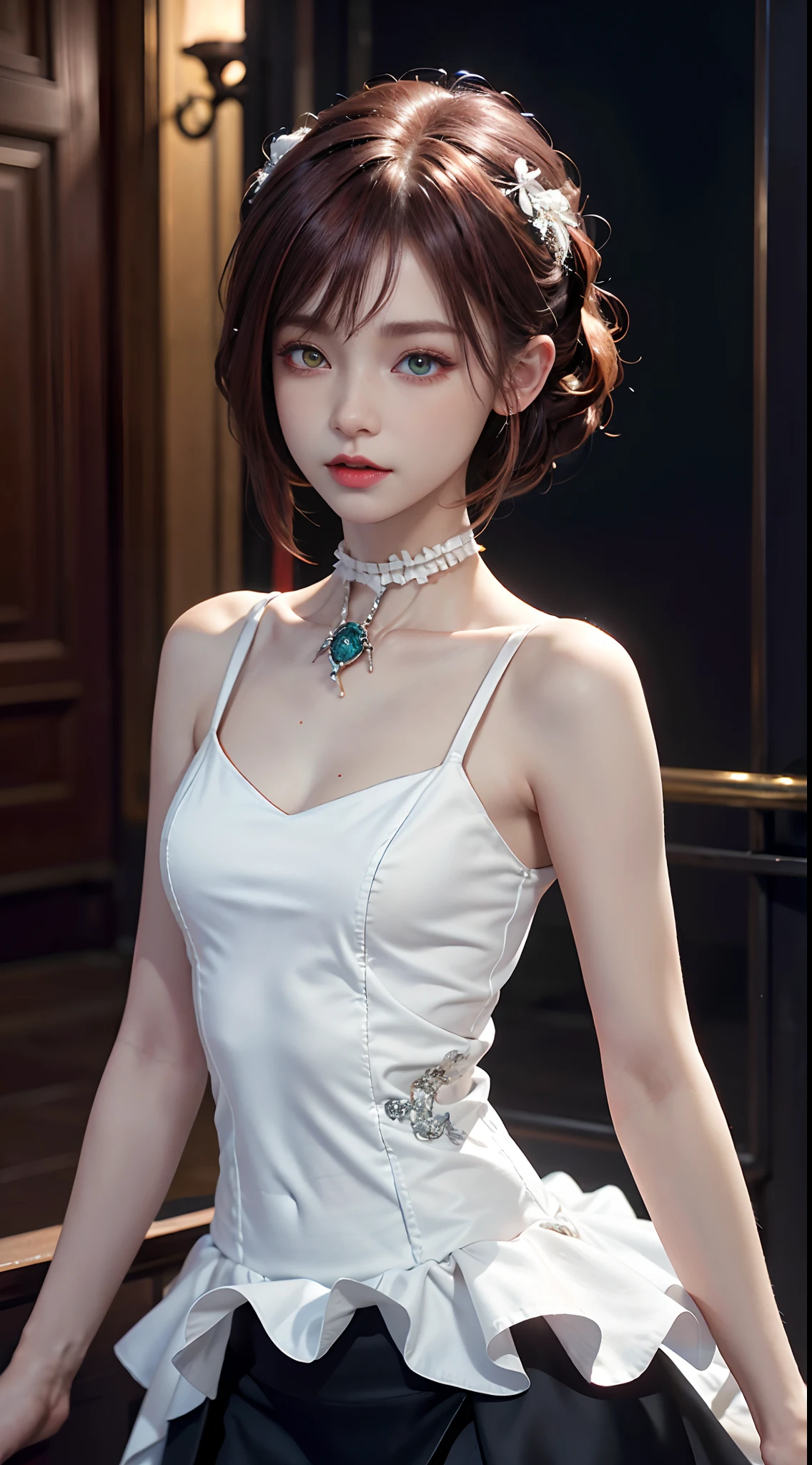 Best, Masterpiece, high resolution, Best quality, Ultra HD, Super detail, Award-Standing, 16k, Solo, (Upper body), Anatomically correct, Beautiful demon maiden, Cute face, high light, Gradient fiery red hair, Hairline, (((Heterochromia))), Long eyelashes, Hanging eye corners, Fair skin, (small), (Slim body), ((White frills_dress)), Short skirt, Stud earrings, (neck rings),