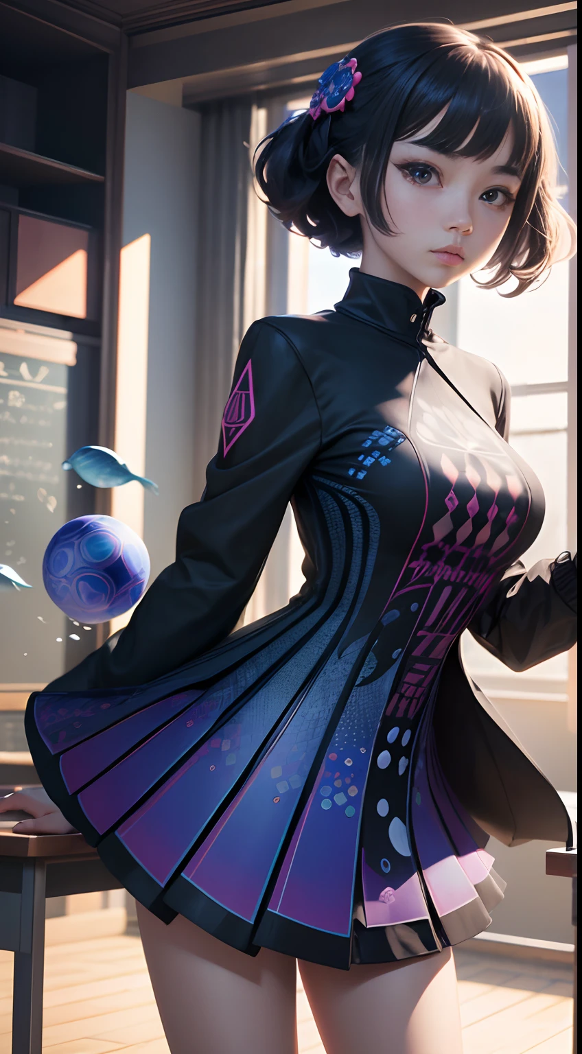 Victor Vasarely, Japanese Anime, Surreal Mysterious Bizarre Sci-fi Fantasy, Kendama, School of Fish, balance mechanics, A Girl, Classroom, Satellite Orbit, hyperdetailed high resolution high definition high quality masterpiece, vibrant colors, girl, masterpiece, sharp focus, best quality, depth of field, cinematic lighting,