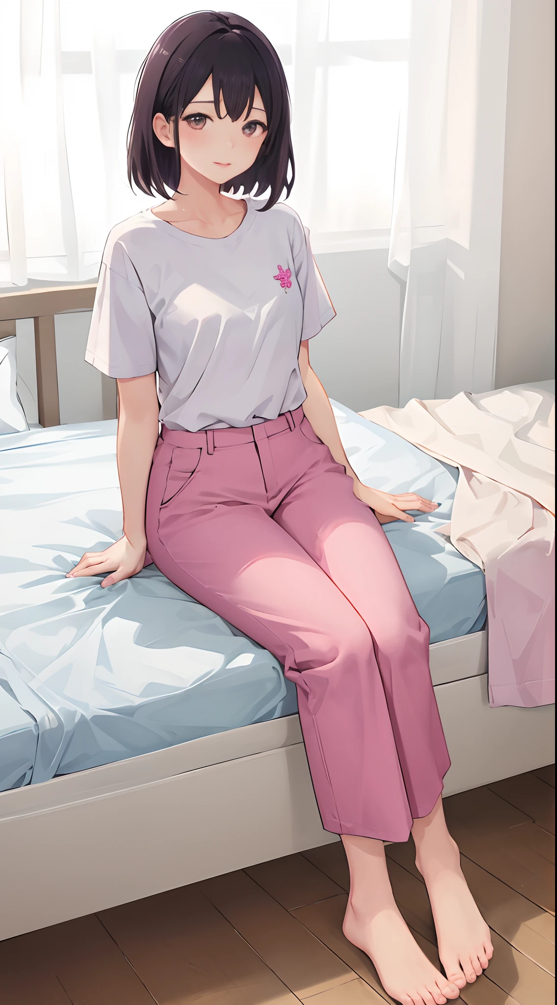 1girll, 独奏, Wear red short sleeves,Wear pink slacks,sit on a bed,The chest is large,Perfect hands