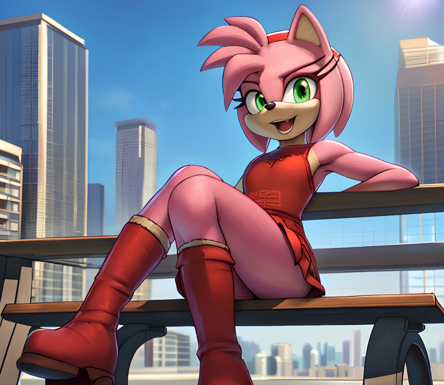 [Amy Rose], [sonic the hedgehog \(series\)], [Uploaded to e621.net; (Pixelsketcher), (twistedterra), (napalm_express)], ((masterpiece)), ((solo portrait)), ((front view)), ((full body)), ((detailed fur)), ((detailed shading)), ((beautiful 3D render art)), ((intricate details)), {anthro, (pink fur), black nose, animal ears, cute green eyes, short hair, headband, short tail, (beautiful legs), (excited smile), (mouth open)}, {(short red dress), (red knee-high boots), (white stripes on boots)}, {(sitting on bench), (legs crossed), (looking at viewer)}, [background; (city), (blue sky), (sun rays)]