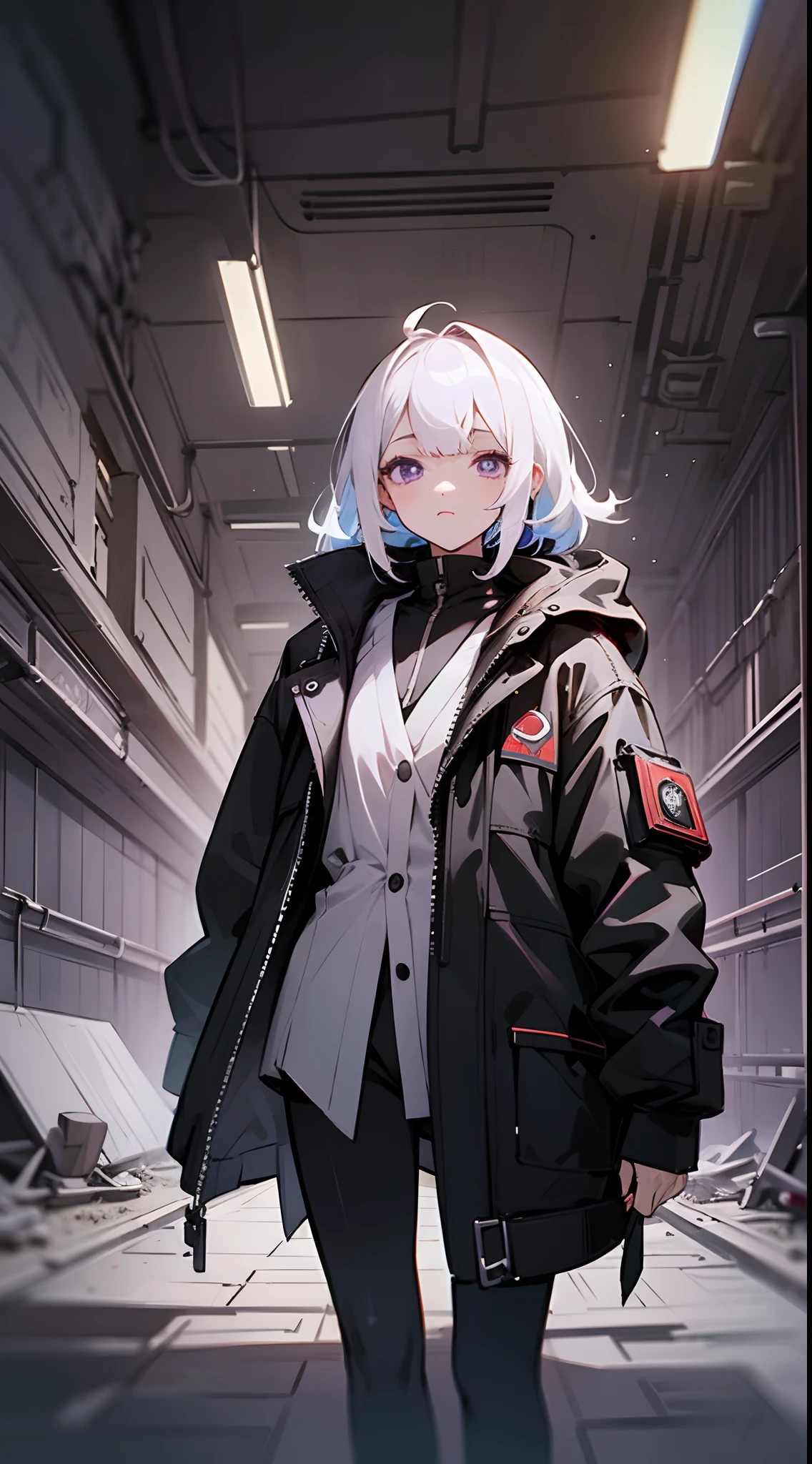 A girl with white hair and purple eyes, wearing a black coat, standing in an underground street. The atmosphere is cyberpunk, with the surrounding area in ruins. The lighting is dim, with a mix of natural and artificial light streaming in through small openings, giving a cinematic effect. The overall image is highly detailed, with intricate textures and attention to the smallest details. The art style is influenced by Japanese anime, capturing the unique aesthetics and vibrant colors often seen in such illustrations.