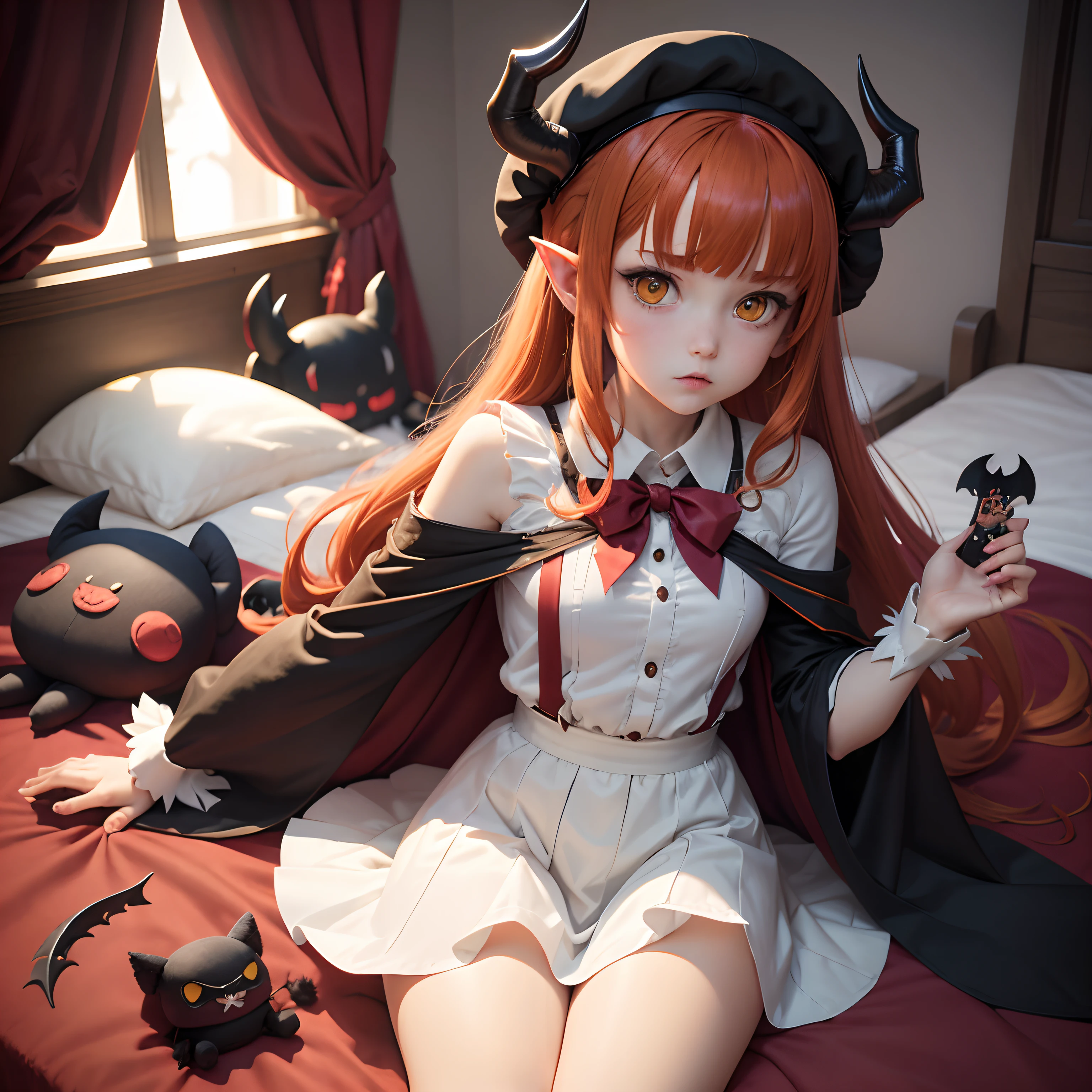 masutepiece, Best Quality, 1girl in, Solo, Yellow eyes, Red hair, Medium chest, Demon Girl, demon tail, Demon Wings, small demonic horns, pointy ear,Twin-tailed, Bat hair ornament, Cape, White shirt, White legwear, stuffed toy, plushies, beret, gloves, Bangs, hat,fullnude,All ,Open your crotch,take bath,taking shower,enter hot spring,