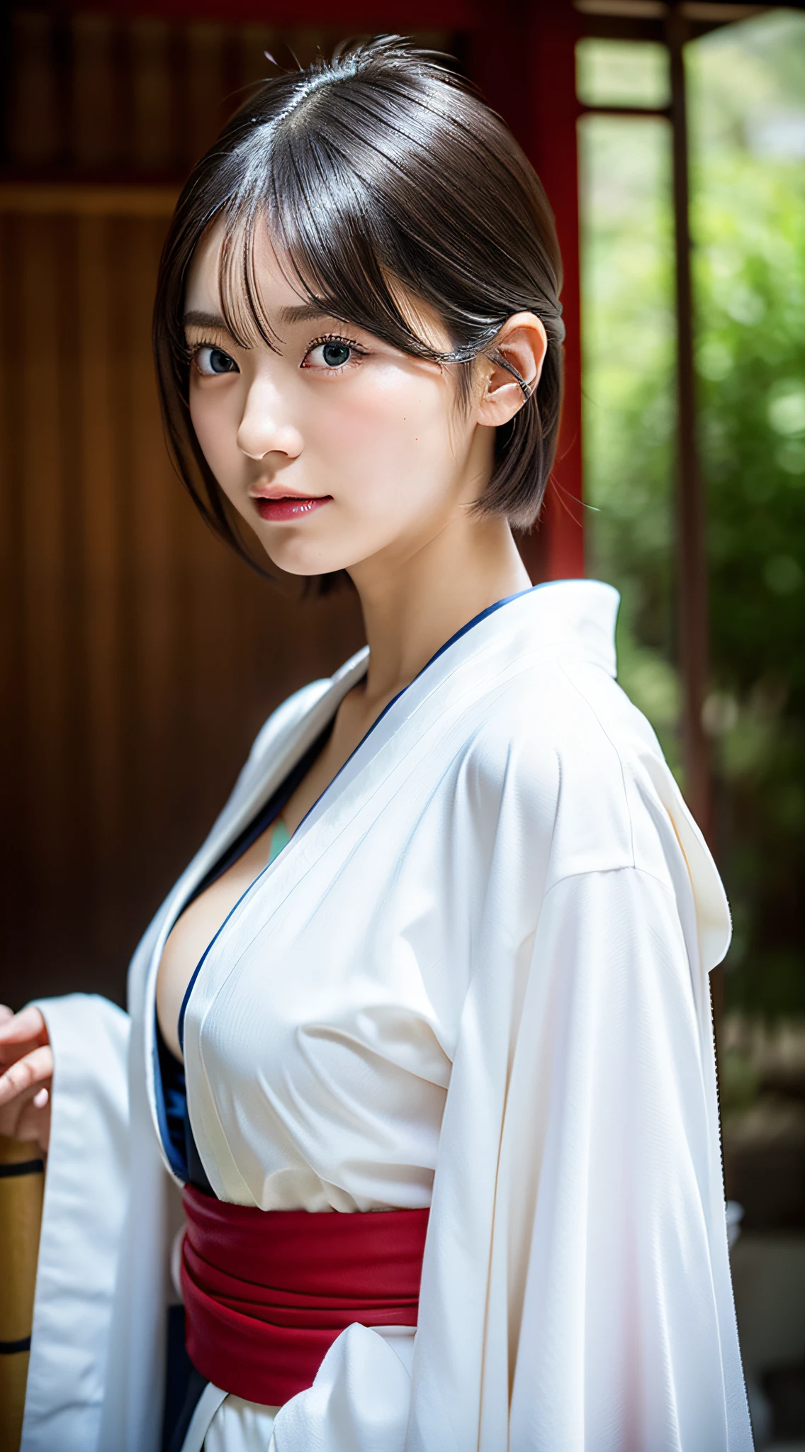 (((32k,high detal,high-detail、masterpiece,Attention to detail,full body Esbian,独奏))),Raw photo & realistic atmosphere,beautiful dark blue eyes,Detailed mouth,Glossy lips,Detailed eyebrows,Eyes drawn in detail with soft white skin that shines with every detail、Very beautiful eyes with azure eyes,Detailed lips、Very beautiful face,Very well-formed face、Lifelike face,shiny beautiful lips,Beautiful eyebrows,Infinite reality, Realistic Young Gravure Idol,Very cute high school girl, , Young Sensual Gravure Idol, Young Gravure Idol, extremely beautiful and cute17-year-old beautiful girl with pointed Japan samurai,with a flushed face,Incredibly beautiful and classy17 year old beautiful girl,natural soft light,(Black shiny hair,,bare-legged,Samurai kimono and black hakama,Beautiful kind eyes:1.5),(youthfulness,knifes,Blatant breasts,Thighs protruding from hakama,Gentle smile,well-shaped breasts,,Immature body,Japan samurai kimono,Japanese style berry shorthair,Hang your hair high and tie it into one,Beautiful posture,posterior view,facing back,no-makeup,woman samurai,woman swordsman,Influence of Shinsengumi,Looking into the distance,Japanese pattern haori,cleavage of the breast,Wrap a chimakiki on your head,no-bra,Kimono comes off:1.6)