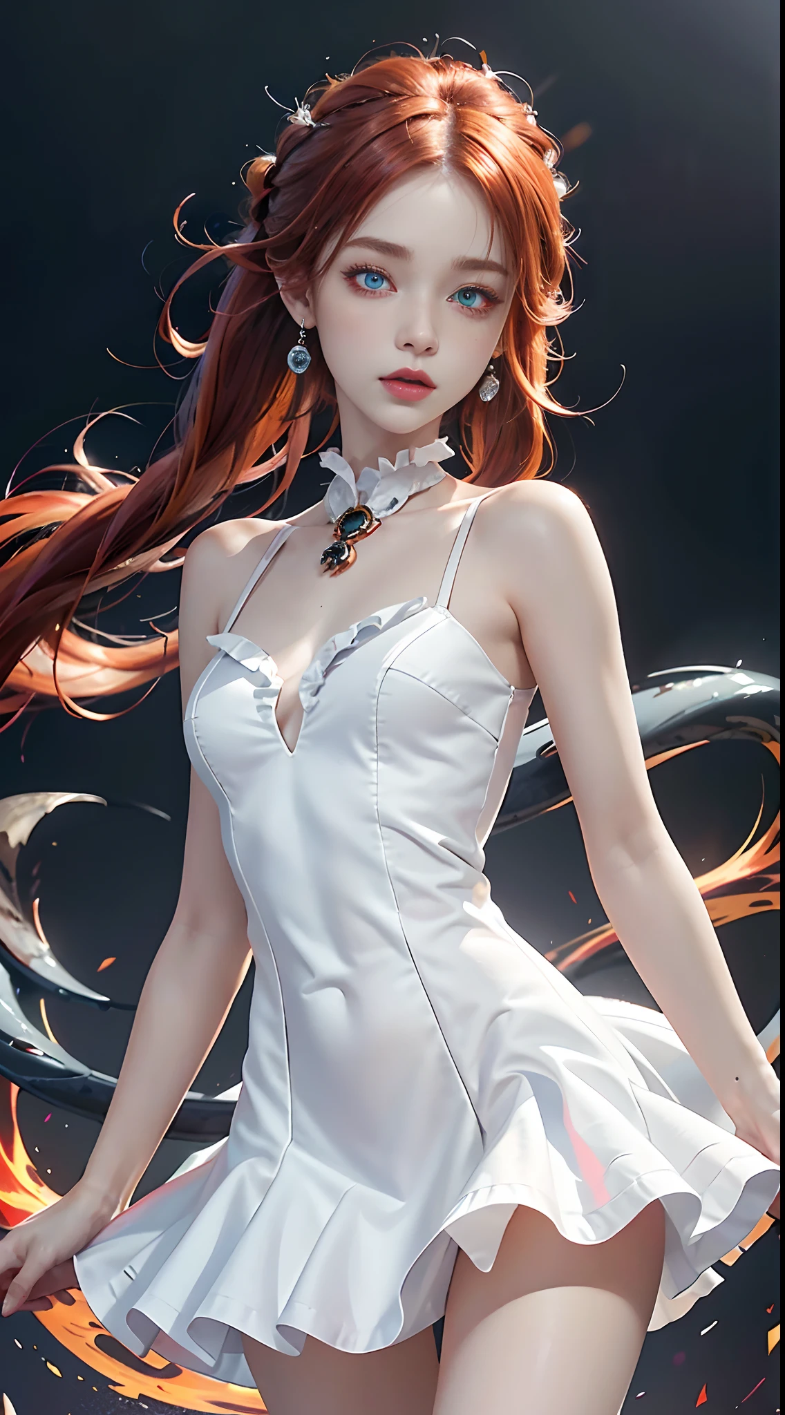 Best, Masterpiece, high resolution, Best quality, Ultra HD, Super detail, Award-Standing, 16k, Solo, (Upper body), Anatomically correct, Beautiful demon maiden, Cute face, high light, Gradient fiery red hair, Hairline, (((Heterochromia))), Long eyelashes, Hanging eye corners, Fair skin, (small), (Slim body), ((White frills_dress)), Short skirt, Stud earrings, (neck rings),