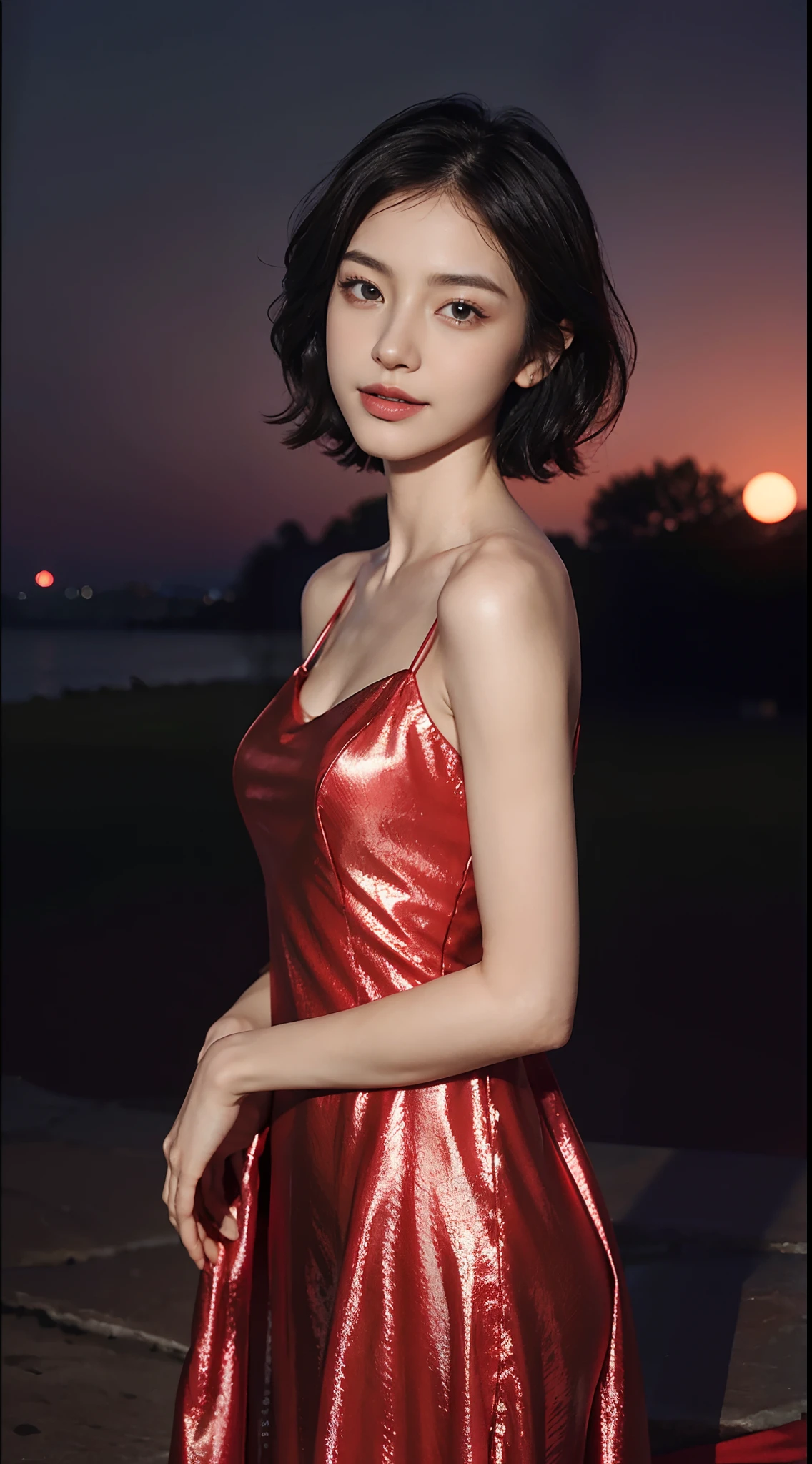 (Short black hair straight shoulder straight: 1.3), （极其细致的CG 8k壁纸），（Extremely refined and beautiful），（Masterpiece），（best qualtiy：1.0），（超高分辨率：1.0），beautiful light up，Perfect lightning，realistic shaded，[A high resolution]，Smooth and flawless fair skin，Extremely delicate facial details，（Perfect body：1.1），ultra - detailed,1 beautiful girl，Small head,(flatchest:1.3)，Slim，Thin，Smile，cheerfulness，(Gorgeous red evening dress long dress:1.5),Slender legs,shoulder off,bare shoulders​,Upper body,Close-up Shot Shot,Cowboy shot,(Portrait above the chest:1.2),(photo booth:1.2),(Bright light:1.2),standing,Daytime scene, On the Great Wall