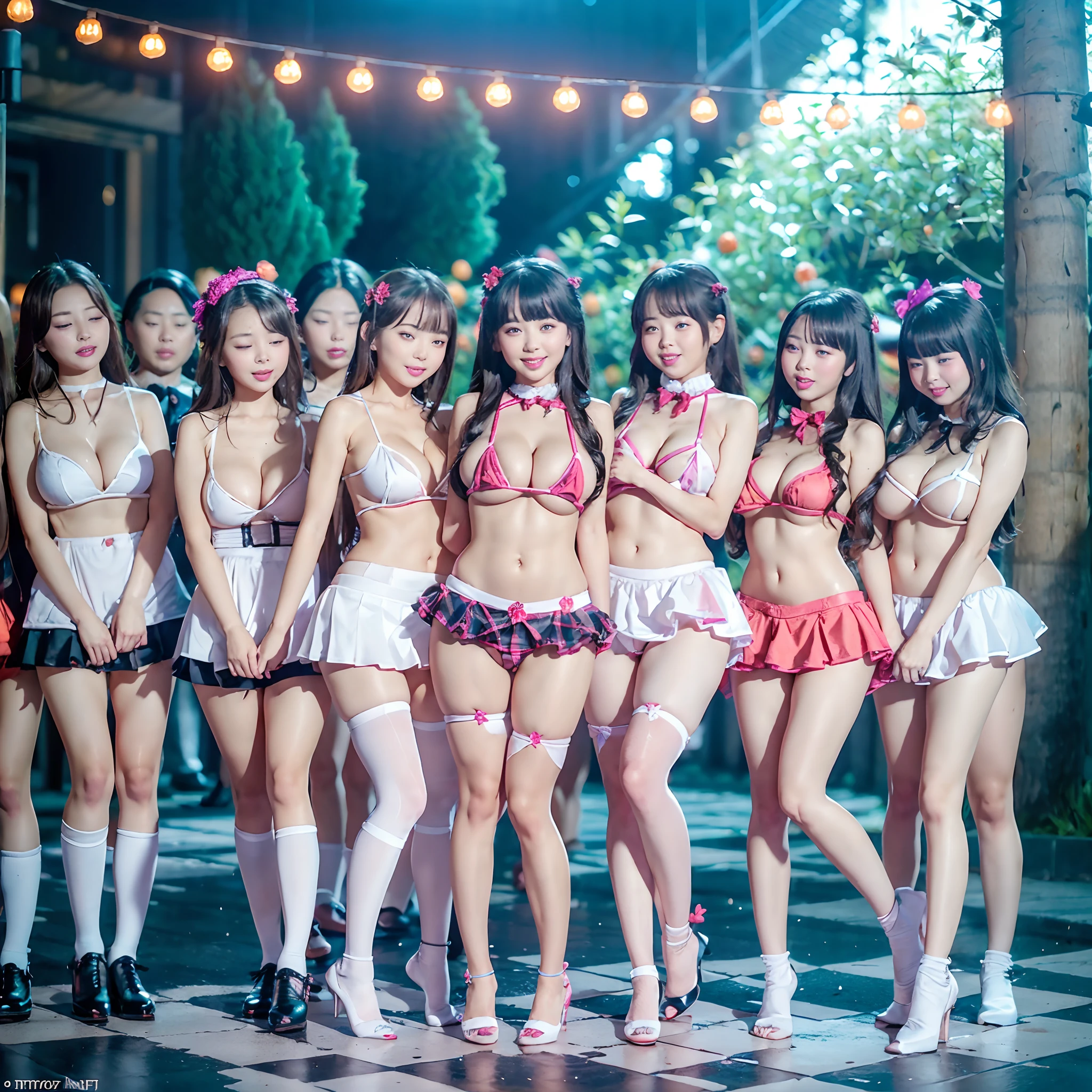 (((SFW, NSFW STILL SHOW, 12 Tiny Girls in a row:1.2, Shibuya Hachiko-mae scramble crossing on Halloween:1.2))), (masterpiece:1.2, (photorealistic:1.37)), {(Standing Full Body:1.2)|(from below:1.2)}, short silver hair, {naked bandage|tutu|School Uniform}, ((Detailed KAWAII face), Perfect eyes, {Detailed Oily Porcelain skin|Detailed glistening tanline:1.2}), {Bustling street|Crossroads|(Passerby schoolgirls)| halloween| neon}, {(Childish:1.2|Gigantic Cleavage:1.37|Underboob:1.2)}, {flower wreath|Red leather high collar}, {Floating hair|Strong wind|((Ass focus))|(((Skirtlift)))},{(Kissing face to face)|:p|:d|laugh|sparkle|joyful|delighted},extremely Detailed,