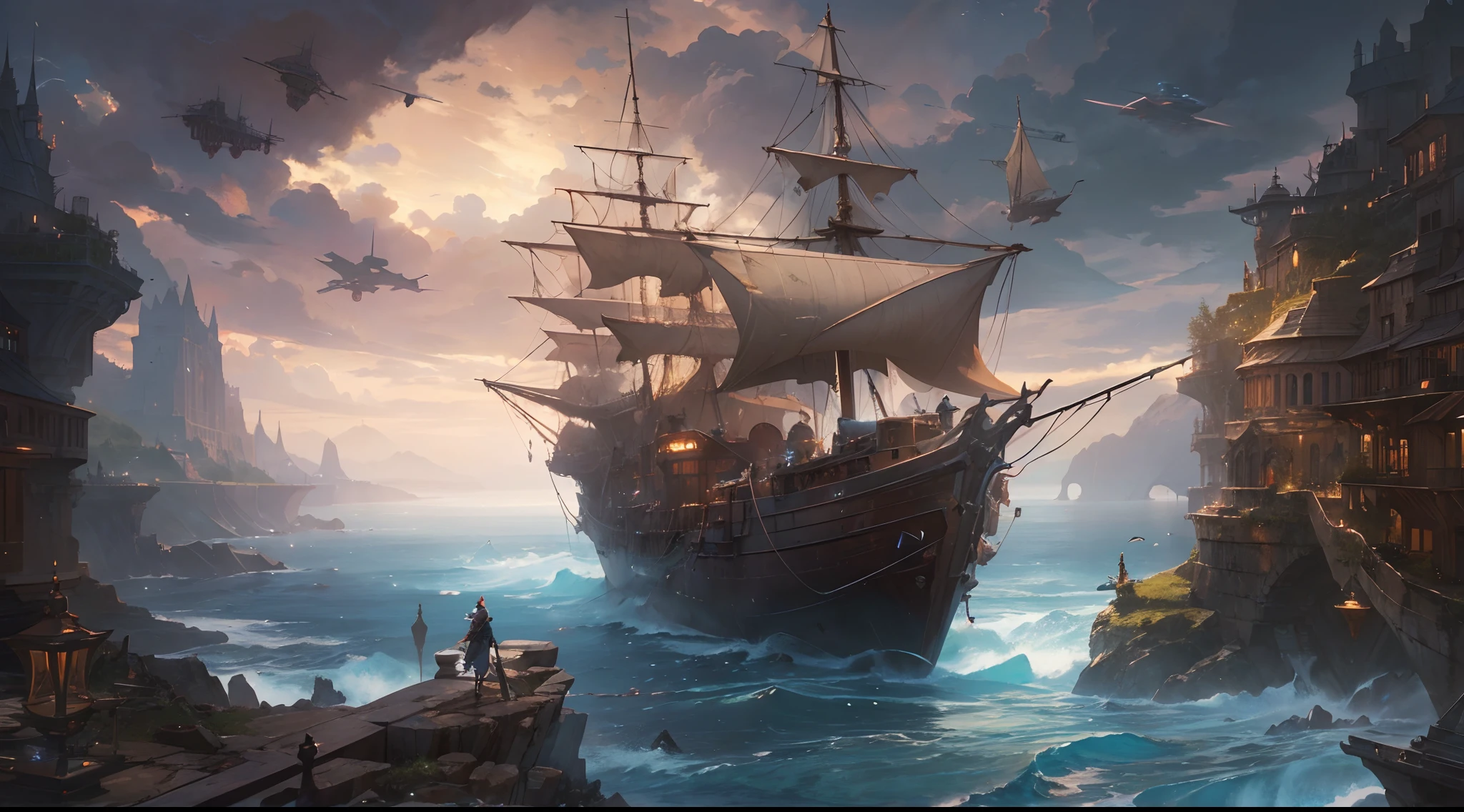 "(by Greg Rutkowski: 1.2), (masterpiece), ((best quality)), extremely delicate and beautiful, illustration, dynamic lighting, (fantasy landscape), A mesmerizing fantasy landscape with enchanting elements blending seamlessly. ((final fantasy flying ship, flying above ocean)), A sense of tranquility and wonder fills the air, inviting exploration and discovery. Providing a distant view that captures the grandeur and atmosphere. From Brian Froud and Carne Griffiths and Wadim Kashin and John William Waterhouse, 8K post-production, high resolution, ((highly detailed)), depth of field, HDR, intricate"