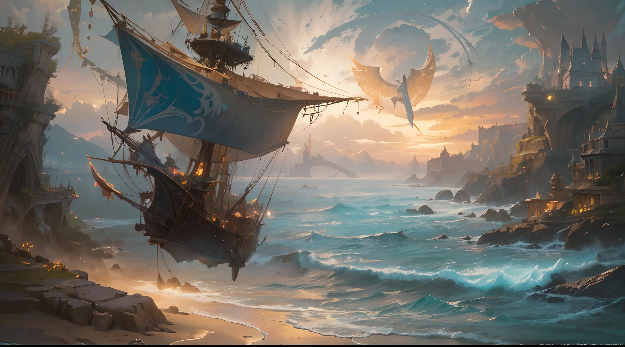 "(by Greg Rutkowski: 1.2), (masterpiece), ((best quality)), extremely delicate and beautiful, illustration, dynamic lighting, (fantasy landscape), A mesmerizing fantasy landscape with enchanting elements blending seamlessly. ((fantasy flying ship, flying above ocean)), A sense of tranquility and wonder fills the air, inviting exploration and discovery. Providing a distant view that captures the grandeur and atmosphere. From Brian Froud and Carne Griffiths and Wadim Kashin and John William Waterhouse, 8K post-production, high resolution, ((highly detailed)), depth of field, HDR, intricate"