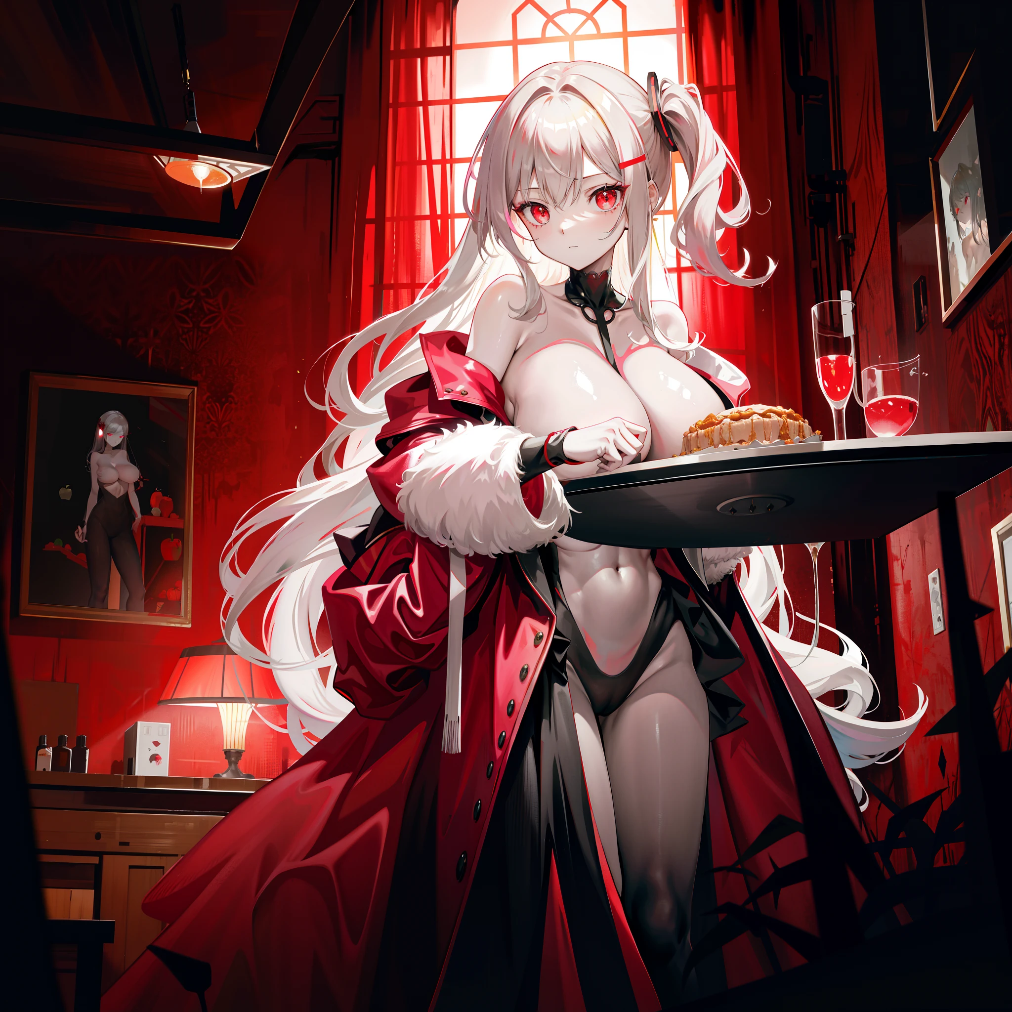 Masterpiece, Best quality, illustration, Science fiction, Black and red theme, 1girll, looking down at viewer, Skinny, Delicate messy gray hair, Glowing red eyes, Gold tech jacket, black facemask, Wire, Cable, (The light from the back window is backlighted),huge tit,(Breast nudity:1.3),catss,Pink tits,Dining hall,Arranged in order of apple pie,Sit upright
