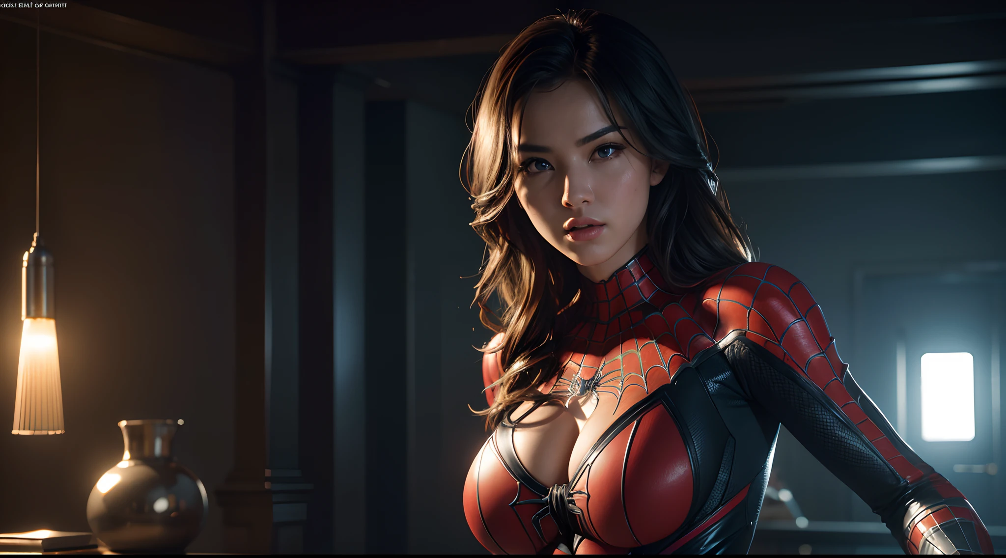 Spider-Girl  (really big voluminous tits)
CGI with clear focus, Photorealistic, high detail, Realistic, Masterpiece, absurdress, Best Quality, HDR, hiquality, hight resolution, Extremely detailed, 8k wallpaper, intricate details, 8K UHD, Full-HD, (foto realista:1.2), Contrast, sharp lighting, Cinematic lighting, natural lighting, hard light, Backlighting, Global Illumination, Environment Occlusion