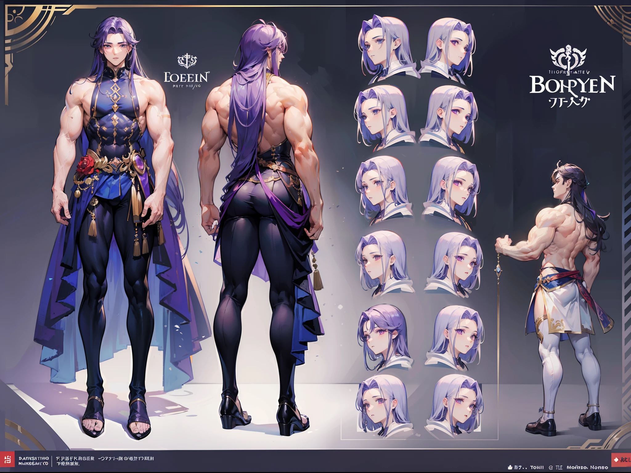 ((Masterpiece, Highest quality)), Detailed face, character design sheet, full bodyesbian, Full of details, body front view, body back view, Highly detailed, Depth, Many parts, Muscle boy with purple long hair，handsome man, muscle body, outfit male gods, man tall