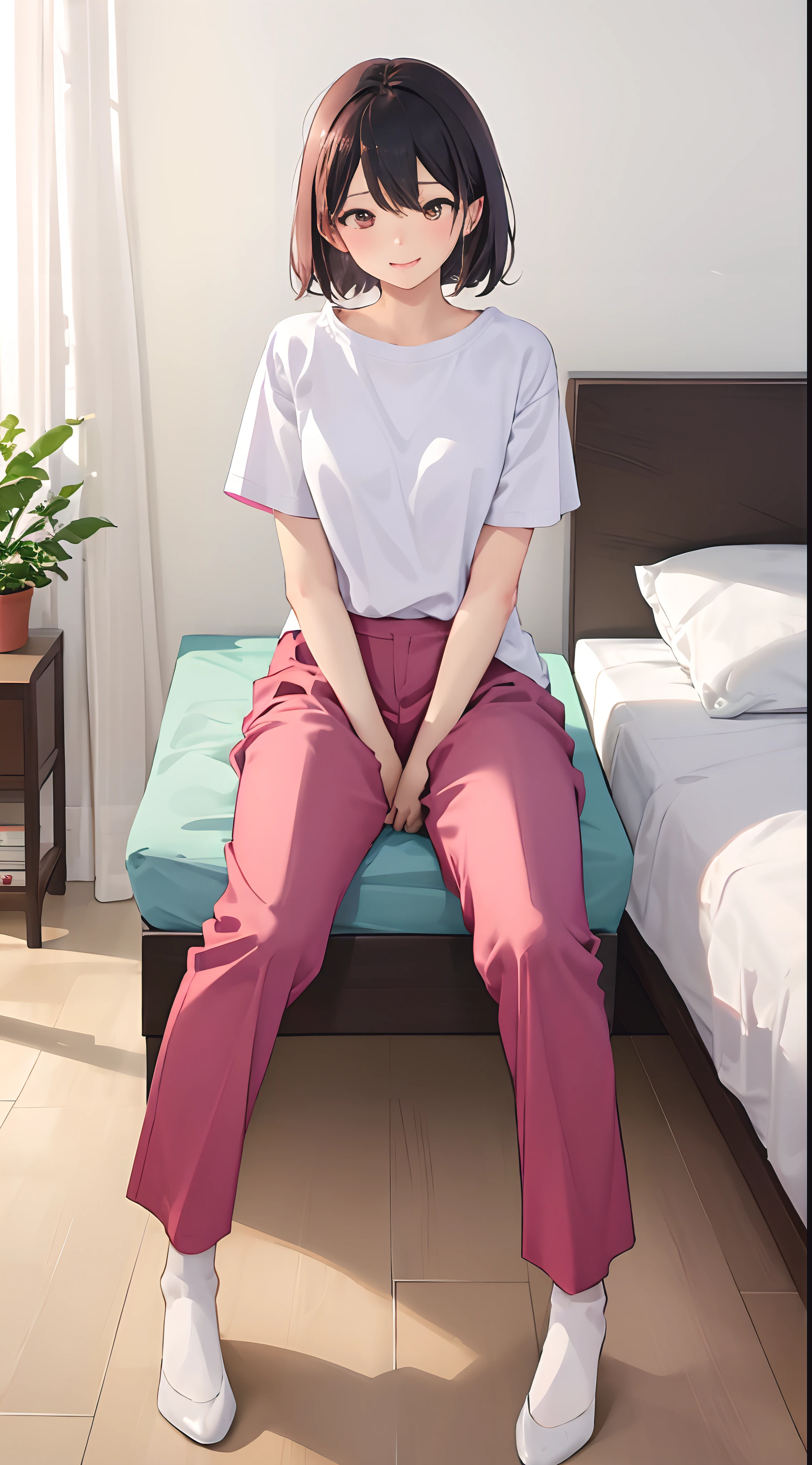 1girll, 独奏, Wear red short sleeves,Wear pink slacks,sit on a bed,The chest is large,Perfect hands