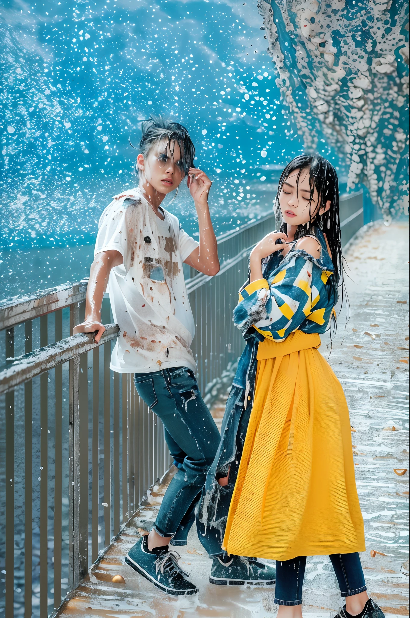 best image quality, masterpiece, super high resolution, (fidelity:1.4), photo, , white shirt, torn jeans, white sneakers, dim, darkness, despair, pity, poor, movie, tears, teardrops, (torn clothes:1.5), (wet clothes:1.4), bare shoulders, real face , wet hair,..ssmile