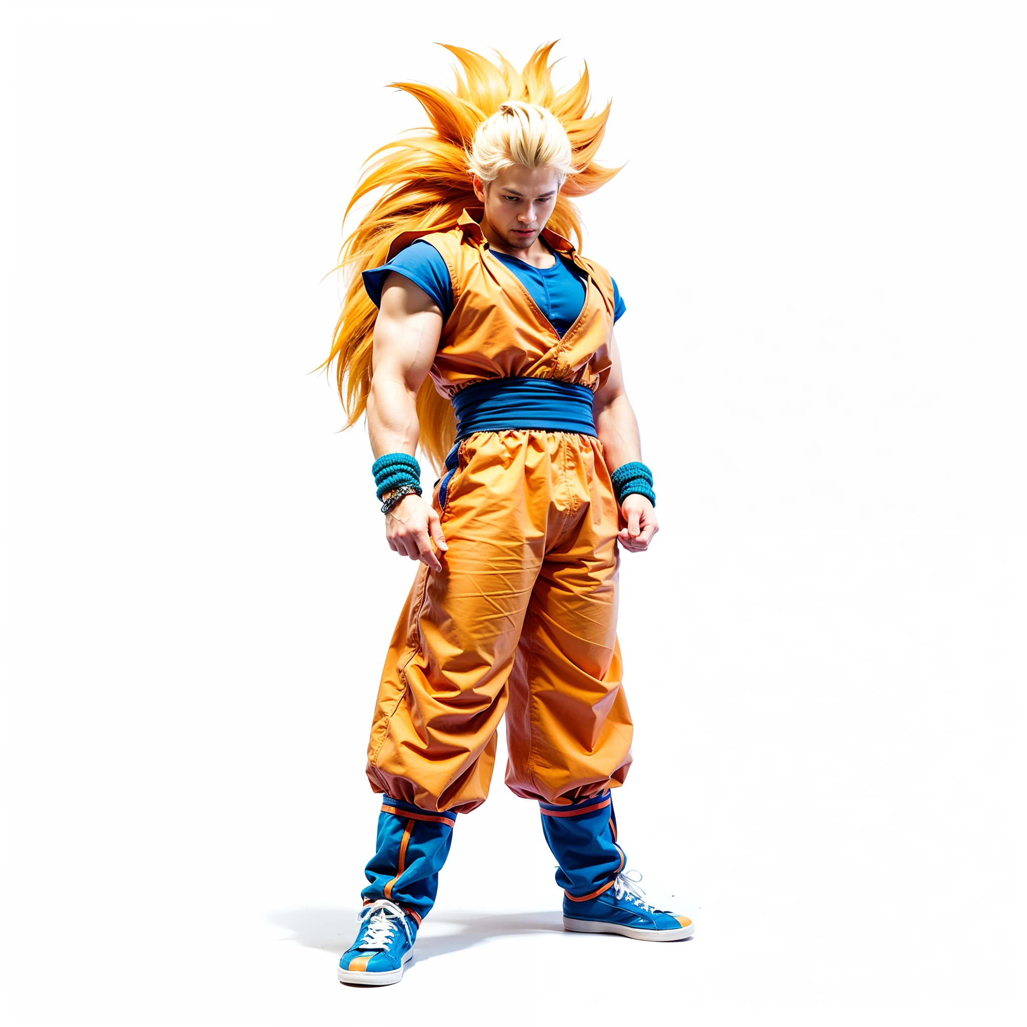 male character, with long blond hair, orange sleeveless top shirt, blue shirt underneath, blue waist belt, orange pants, blue cloth bracelet, blue cloth sneakers with red details