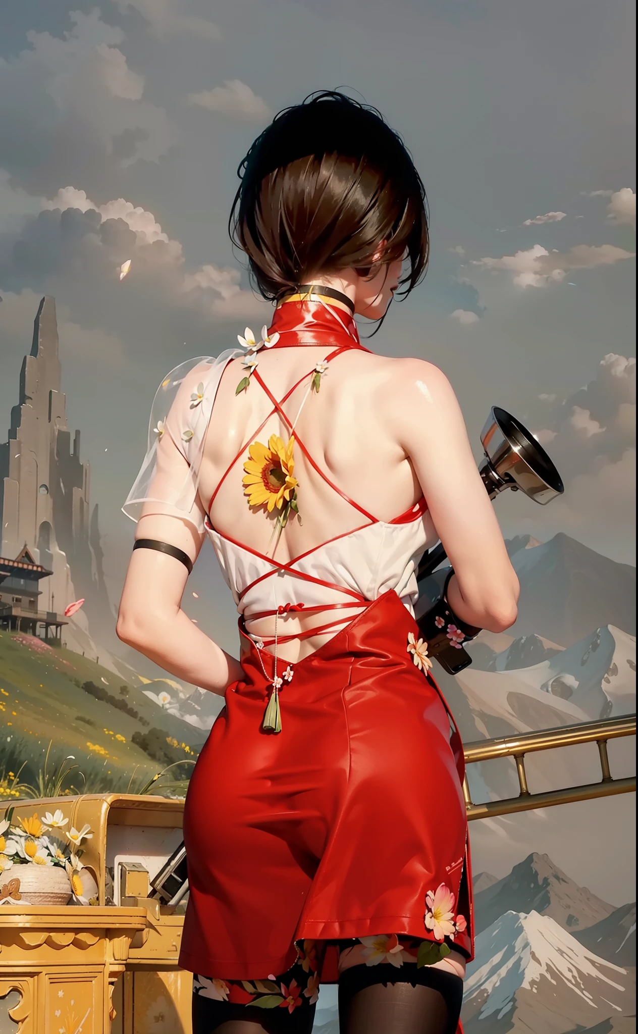 1girl, dynamic angle, cloud and mountain, (flower field:1.4) in the foreground, white dress, light tracing, (floating colorful wind:1)
(photorealistic:1.4), official art, unity 8k wallpaper, ultra detailed, beautiful and aesthetic, masterpiece,best quality, glowing skin, cinematic lighting, light smile