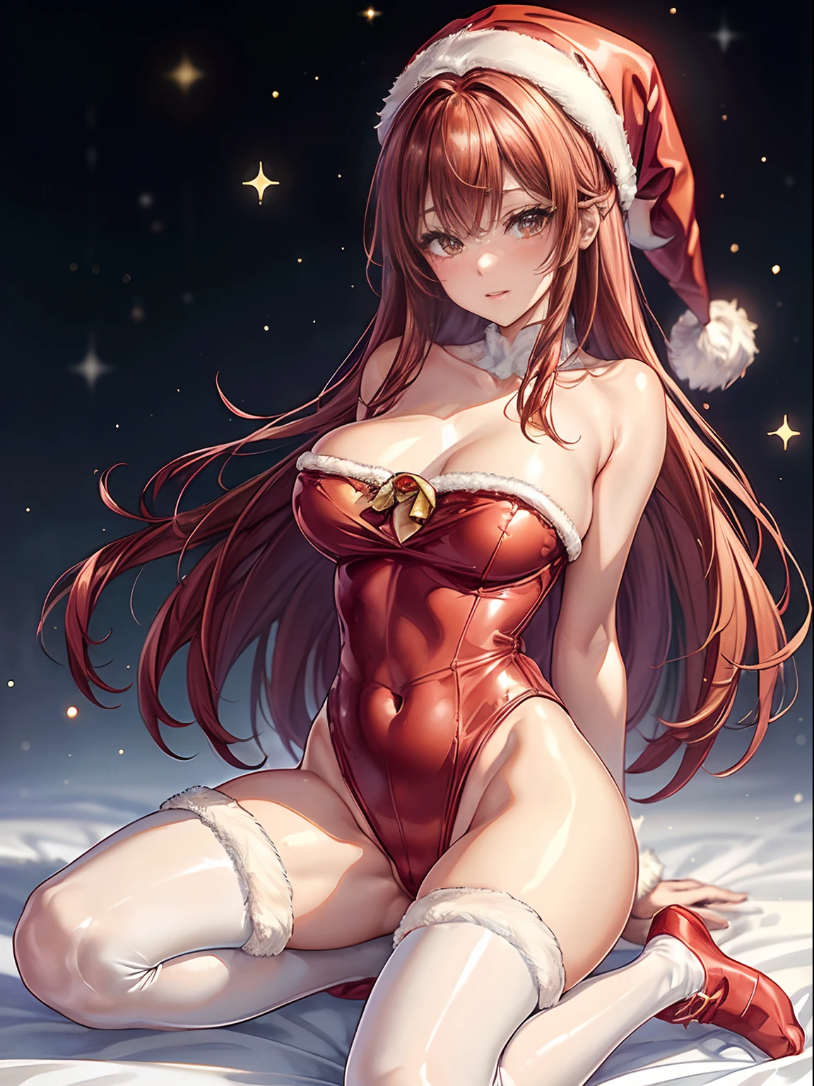 top-quality、Full limbs、complete fingers、Slender beauty、straight haired、Red hair、Beautiful Large Breasts、(Detailed ultra-oily shiny skin:1.1)、oily shiny thighhigh、(Perfect bright red Santa Claus leotard:1.3)、((White High Socks))、Wearing a Santa Claus hat、((Wearing a Santa Manto))、Beautiful、Kneeling