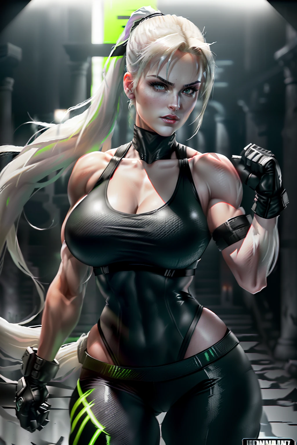 ((Sonya blade from mortal kombat series))(she has big glowing white eyes)(red lips) (very long straight blonde high pony tail hair)((very huge breasts)) (perfect slim body) (she wears white minibtank top, anblack gloves, green camouflage pants) (inside dark temple) (high definition, volumetric lights and dinamic shadows)((masterpiece))(8k)(perfect face)(ultra details) (perfect hands, eyes, and face)