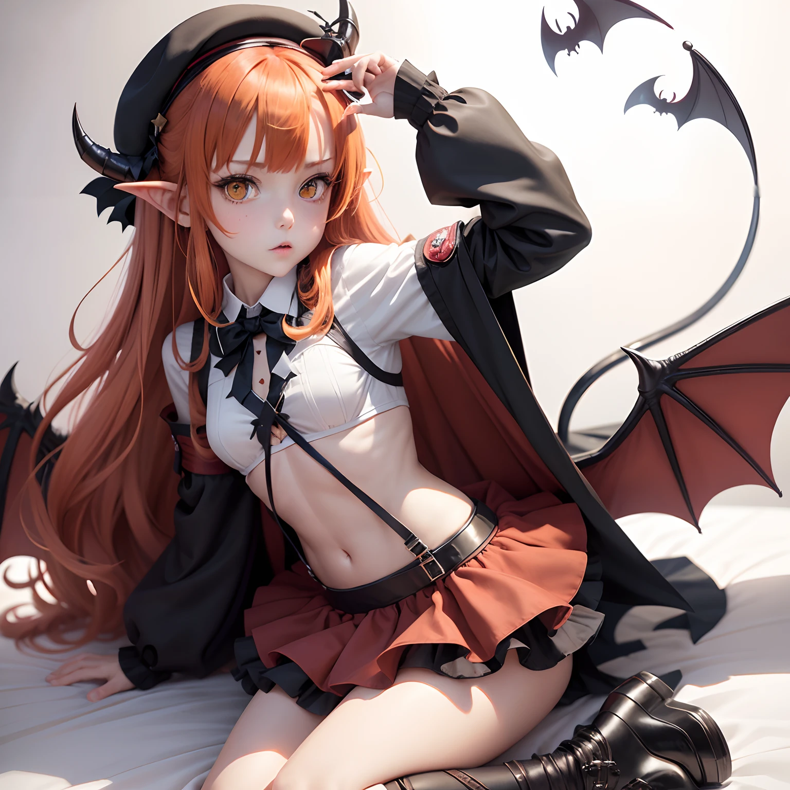 masutepiece, Best Quality, 1girl in, Solo, Yellow eyes, Red hair, Medium chest, Demon Girl, demon tail, Demon Wings, small demonic horns, pointy ear,Twin-tailed, Bat hair ornament, Cape, White shirt, White legwear, stuffed toy, plushies, beret, gloves, Bangs, hat,fullnude,All ,(Soft skin texture),Open your crotch,take bath,taking shower,enter hot spring,,urinate,Foam on the body,Sex in bed,Open the crotch,White foam flows out of the crotch,Gel bukkake,pissing,AHE Face,