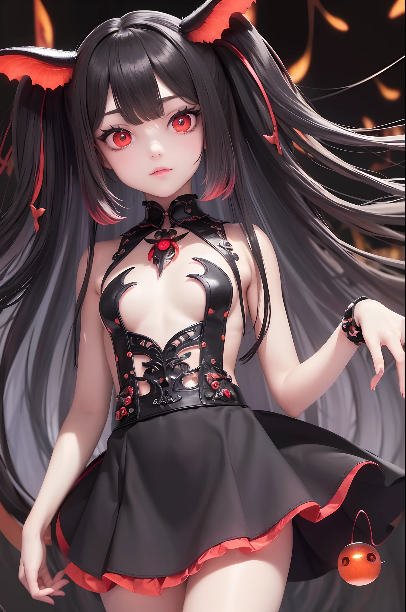 Best, Masterpiece, High Resolution, Best Quality, Ultra HD, Super Detail, Award-Standing, 16k, Solo, (Upper Body), Anatomically Correct, Beautiful succubus Maiden, Cute Face, Highlights, Gradient black Hair, Hair Strands, (((Glowing red eyes))), Long Eyelashes, Hanging Eye Corners, Fair Skin, (Small), (Slim Body), ((skirt)), (Ribbon collar)