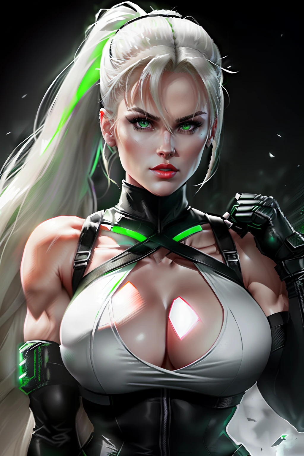 ((Sonya blade from mortal kombat series))(she has big glowing white eyes)(red lips) (very long straight blonde high pony tail hair)((very huge breasts)) (perfect slim body) (she wears green, white and black outfit, black gloves) (inside dark temple) (high definition, volumetric lights and dinamic shadows)((masterpiece))(8k)(perfect face)(ultra details) (perfect hands, eyes, and face)