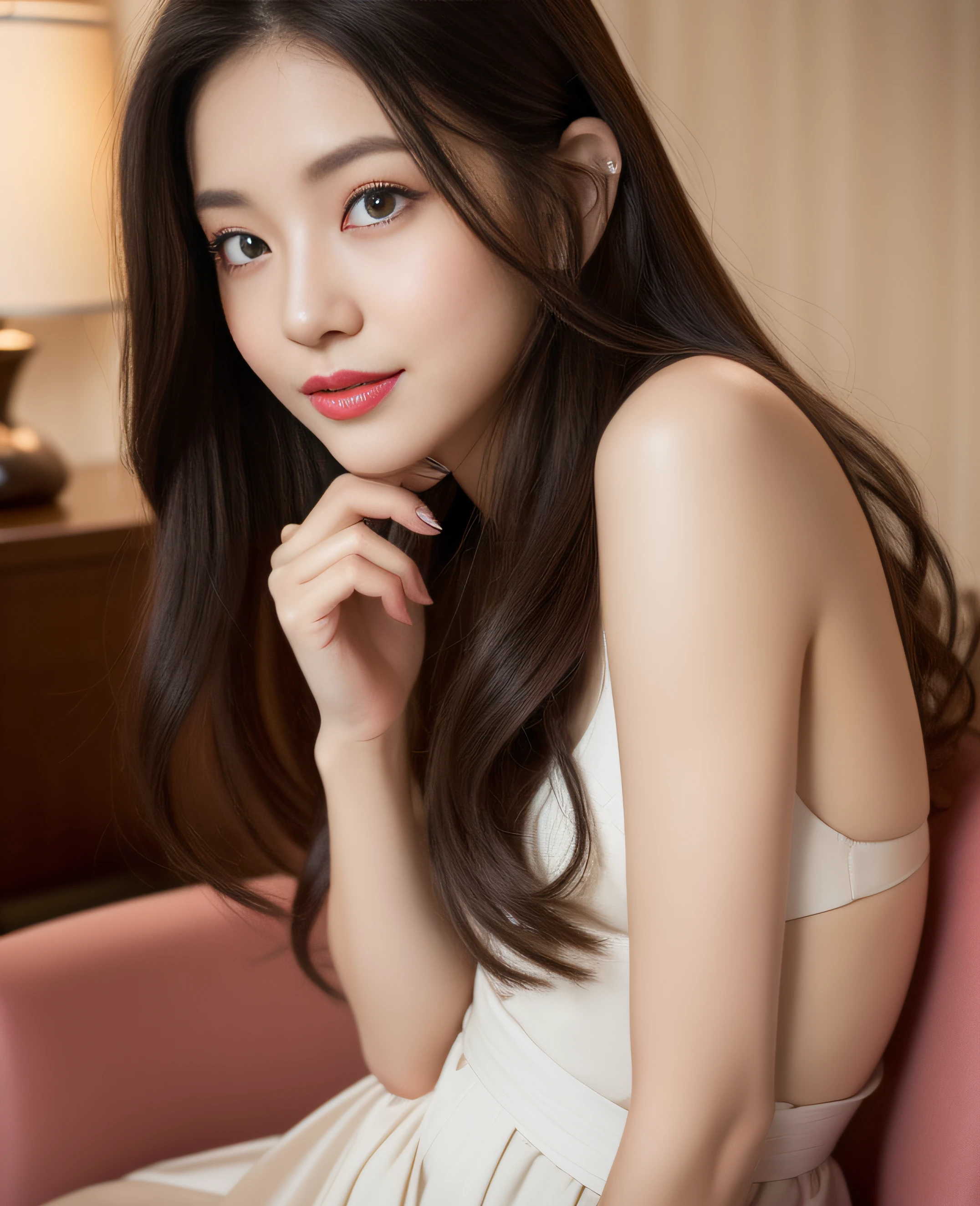 ((top-quality、8K、masterpiece: 1.3))、a beauty girl、pure、melon face、gentle and cute、A sweet smile、pure lust、slenderbody、(frontage)、(tilted head)、((Looking at the camera) ) 、Wearing a grape-colored suit、black silky long hair、Long flowing shoulders、round black big eyes、clear big eyes、moist red lips、Dolce、sitting in the chair、Hotel room background、(((waist shot)))、