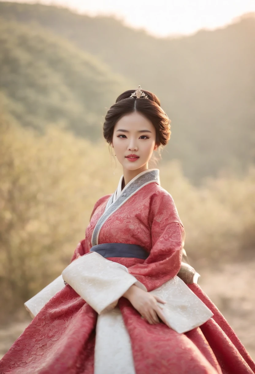 ((Best quality, 8K, Masterpiece :1.3)), Sharp focus :1.2, Korean sexy Barbie.((The king's concubine. Kingdom of Korea)) (Hanbok Korean traditional clothing). Sit down and suck. on top of the bed. With decorative curtains_mix4, 20 days,hyper realisitc:1.37),16K HD,