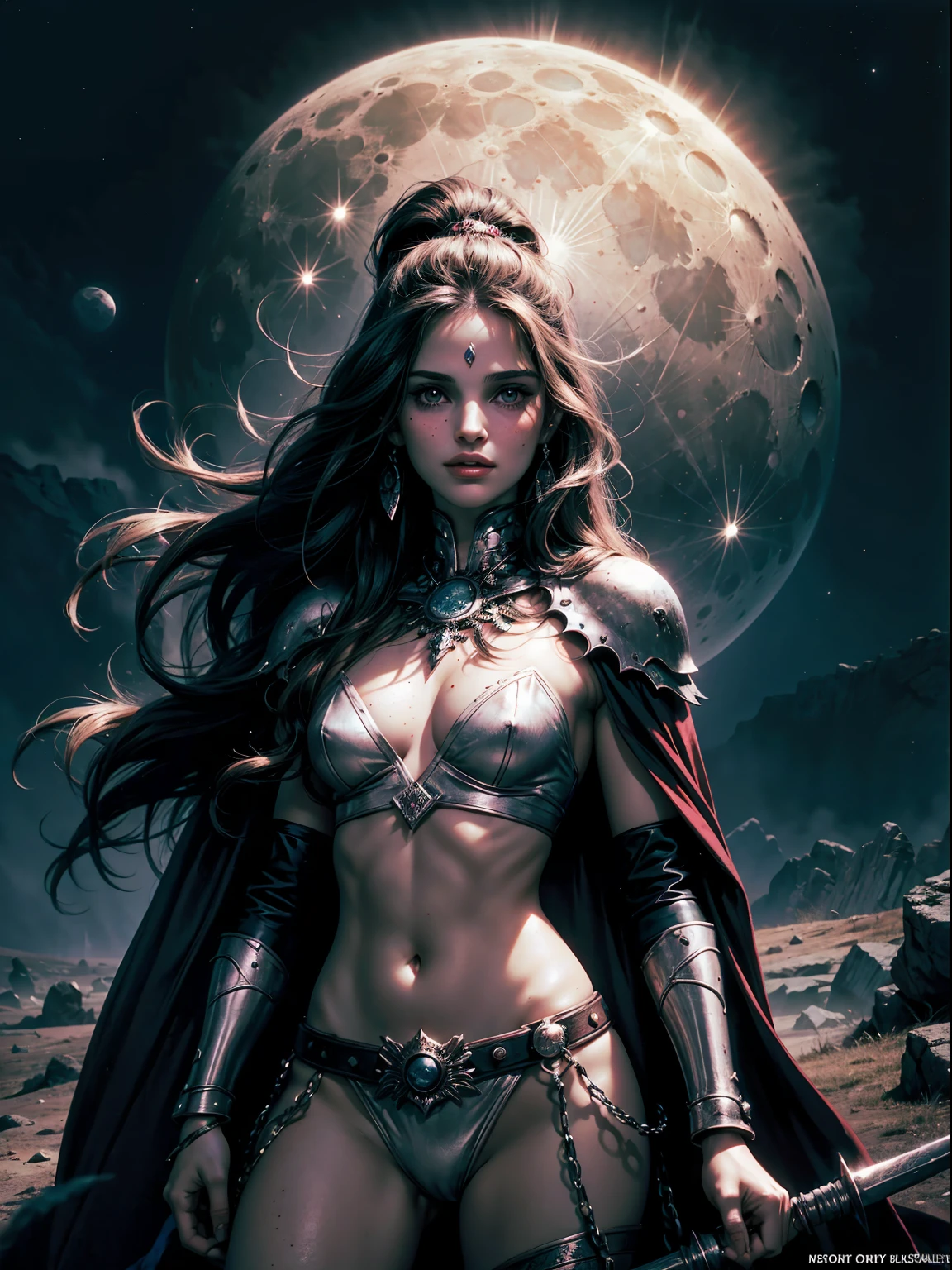 1970's dark fantasy heavy metal disc cover. teen natalie portman as a warrior girl. gentle smile. (Moon night desolation). freckles. slender and beautiful.
