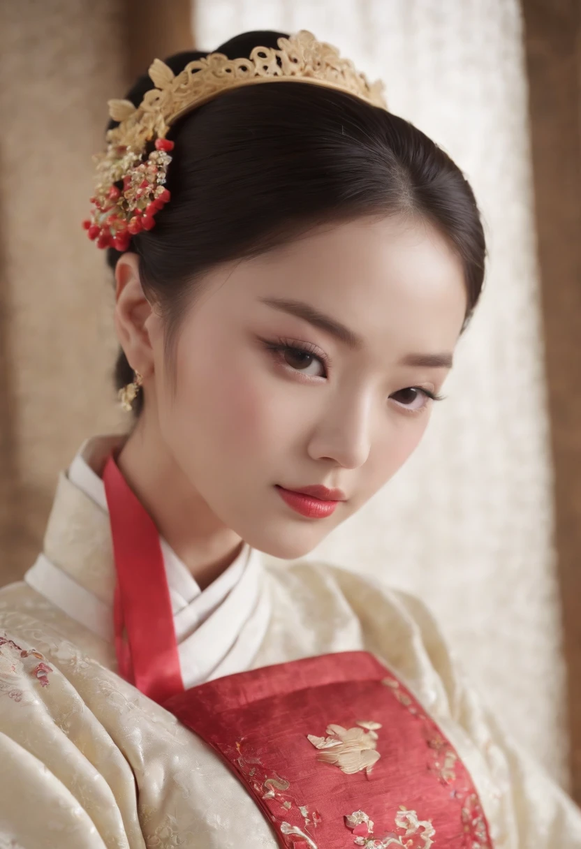((Best quality, 8K, Masterpiece :1.3)), Sharp focus :1.2, Korean sexy Barbie.((The king's concubine. Kingdom of Korea)) (Hanbok Korean traditional clothing). Sit down and suck. on top of the bed. With decorative curtains_mix4, 20 days,hyper realisitc:1.37),16K HD,