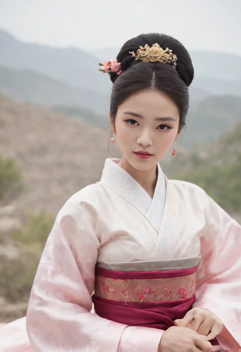 ((Best quality, 8K, Masterpiece :1.3)), Sharp focus :1.2, Korean sexy Barbie.((The king's concubine. Kingdom of Korea)) (Hanbok Korean traditional clothing). Sit down and suck. on top of the bed. With decorative curtains_mix4, 20 days,hyper realisitc:1.37),16K HD,