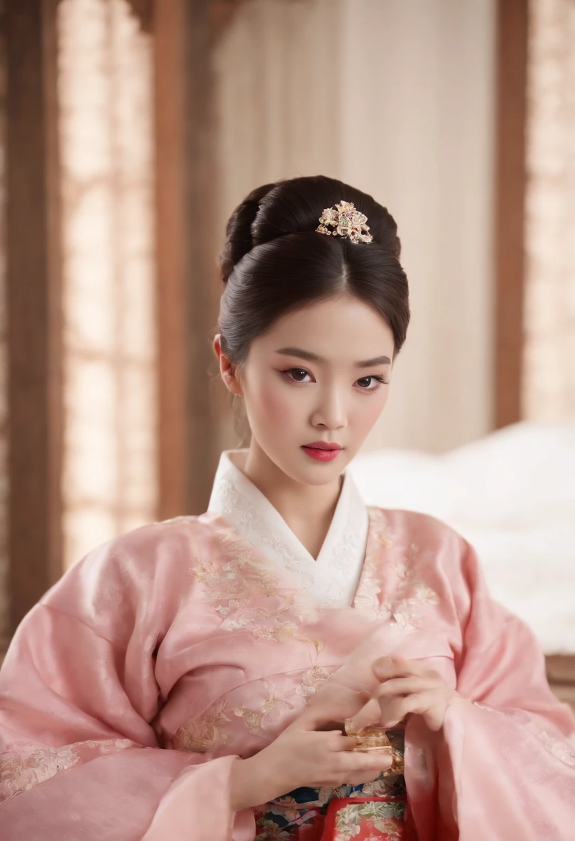 ((Best quality, 8K, Masterpiece :1.3)), Sharp focus :1.2, Korean sexy Barbie.((The king's concubine. Kingdom of Korea)) (Hanbok Korean traditional clothing). Sit down and suck. on top of the bed. With decorative curtains_mix4, 20 days,hyper realisitc:1.37),16K HD,