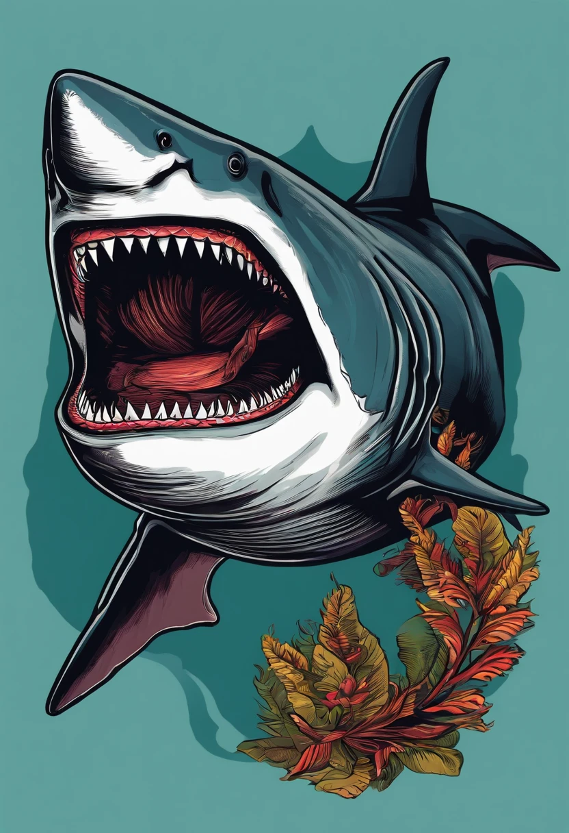 Shark illustration for a sticker with a black background, em negrito estilo de contorno, bordas irregulares, Lixo, sombreamento claro