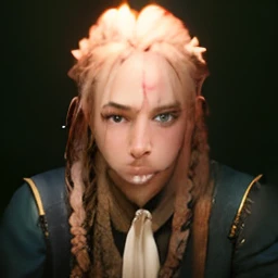 Blue eyes, pink and blonde hair, scar on face, twin braids, freckles
