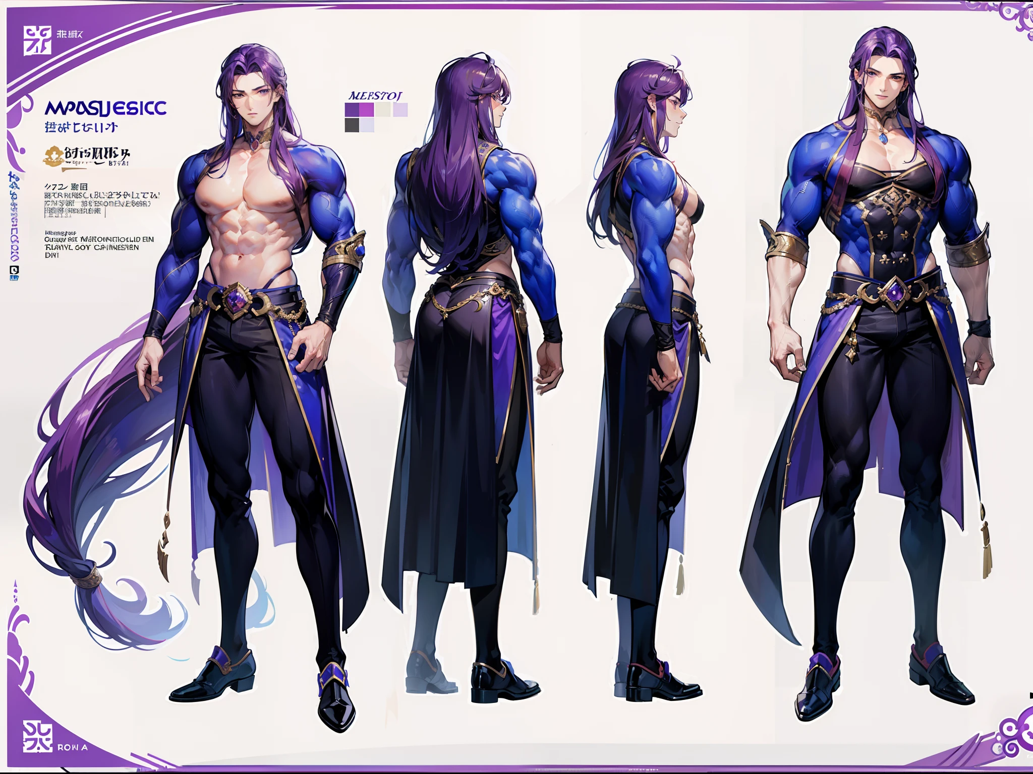 ((Masterpiece, Highest quality)), Detailed face, character design sheet， full bodyesbian, Full of details, body front view, body back view, Highly detailed, Depth, Many parts, Muscle boy with  purple long hair，handsome man, muscle body, outfit male gods, man tall